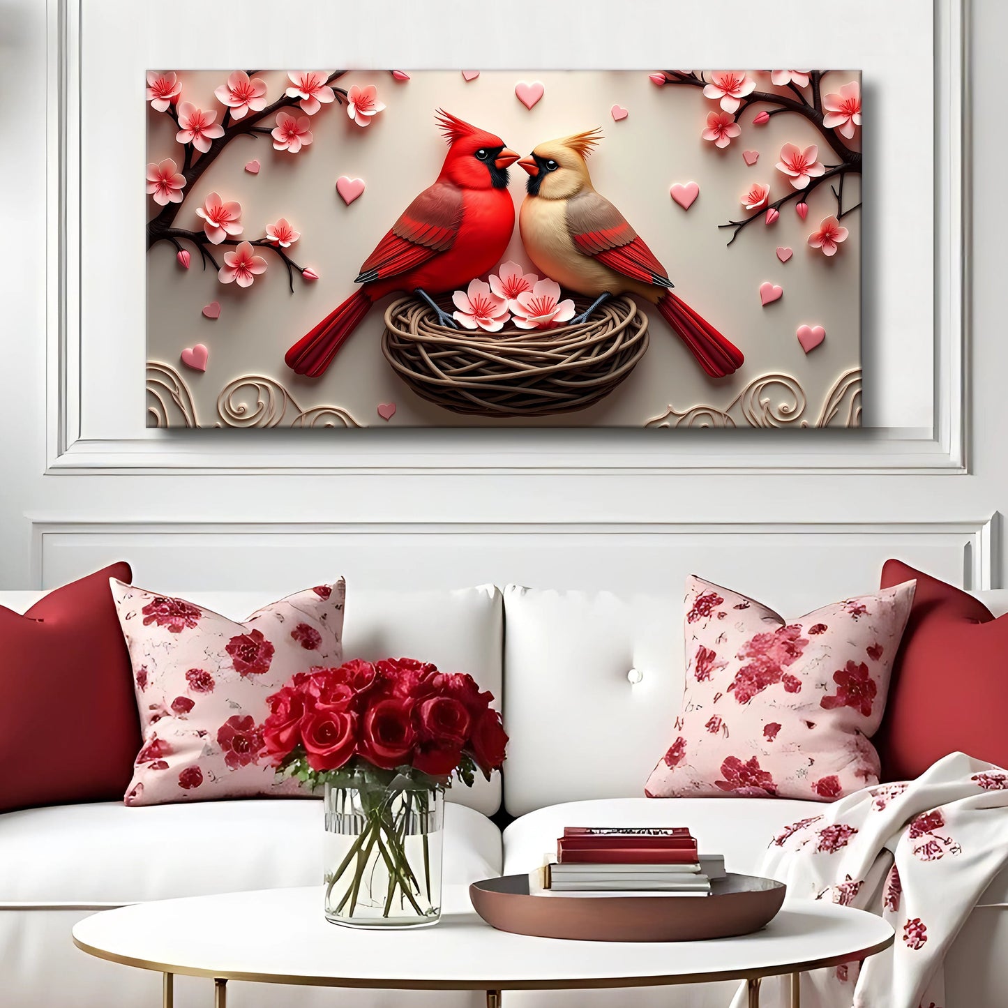 3D Cardinals Wall Art VI canvas by Tailored Canvases featuring red cardinals among pink blossoms on Tampa Home & Garden Store