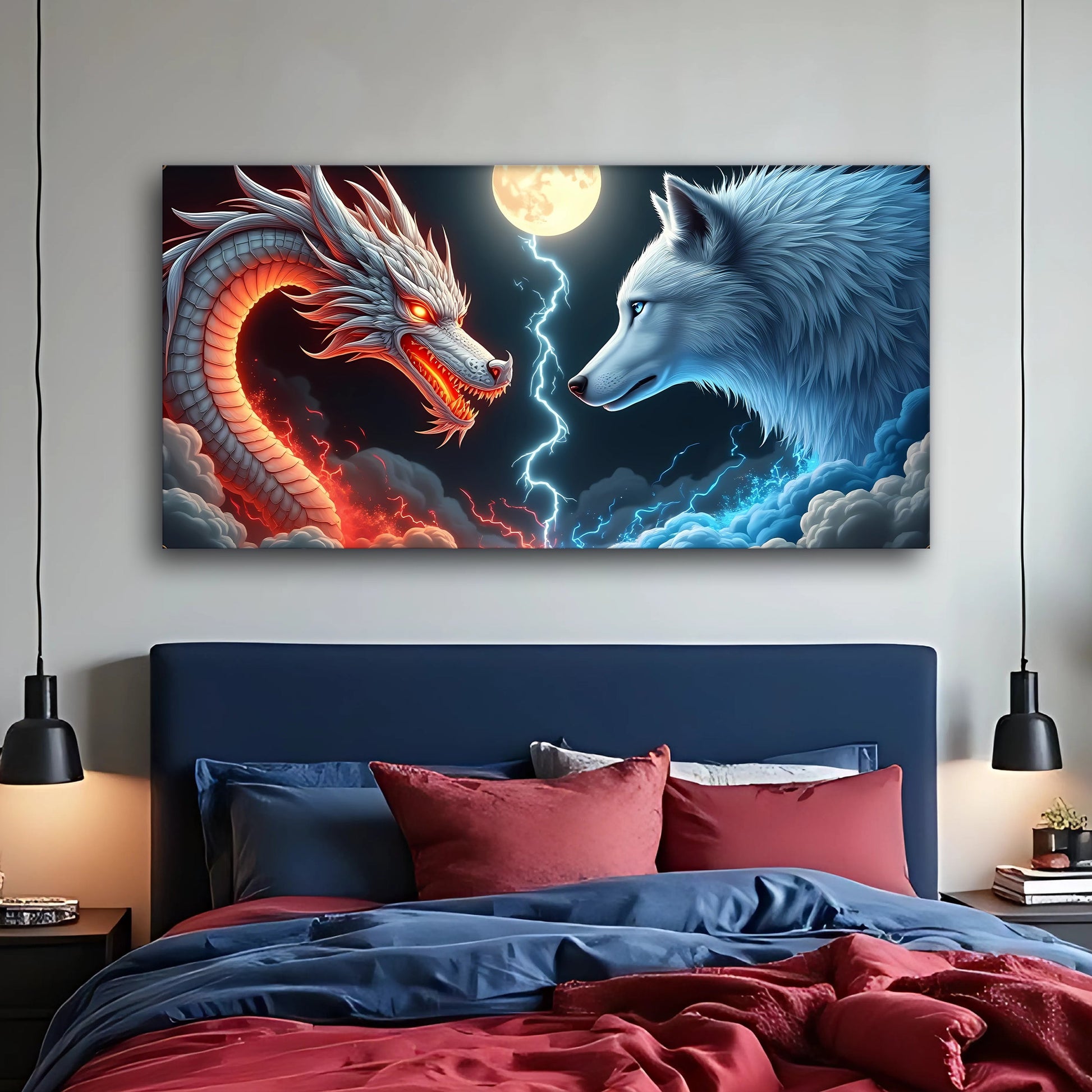 3D Dragon and Wolf Wall Art III canvas by Tailored Canvases, red dragon vs wolf beneath moon on Tampa Home & Garden Store