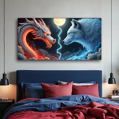 3D Dragon and Wolf Wall Art III canvas by Tailored Canvases, red dragon vs wolf beneath moon on Tampa Home & Garden Store