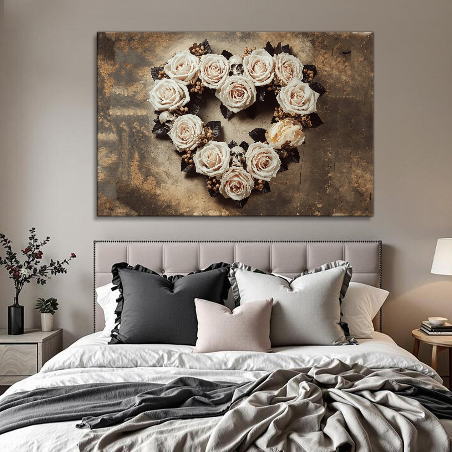 Canvas Skull and Flowers Wall Art V, cream roses with skulls in a wreath on bronze backdrop on Tampa Home & Garden Store
