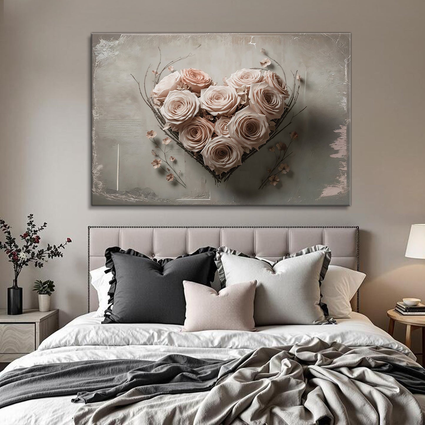 Floral Heart Wall Art canvas with blush roses in a wire heart frame on distress gray backdrop on Tampa Home & Garden Store