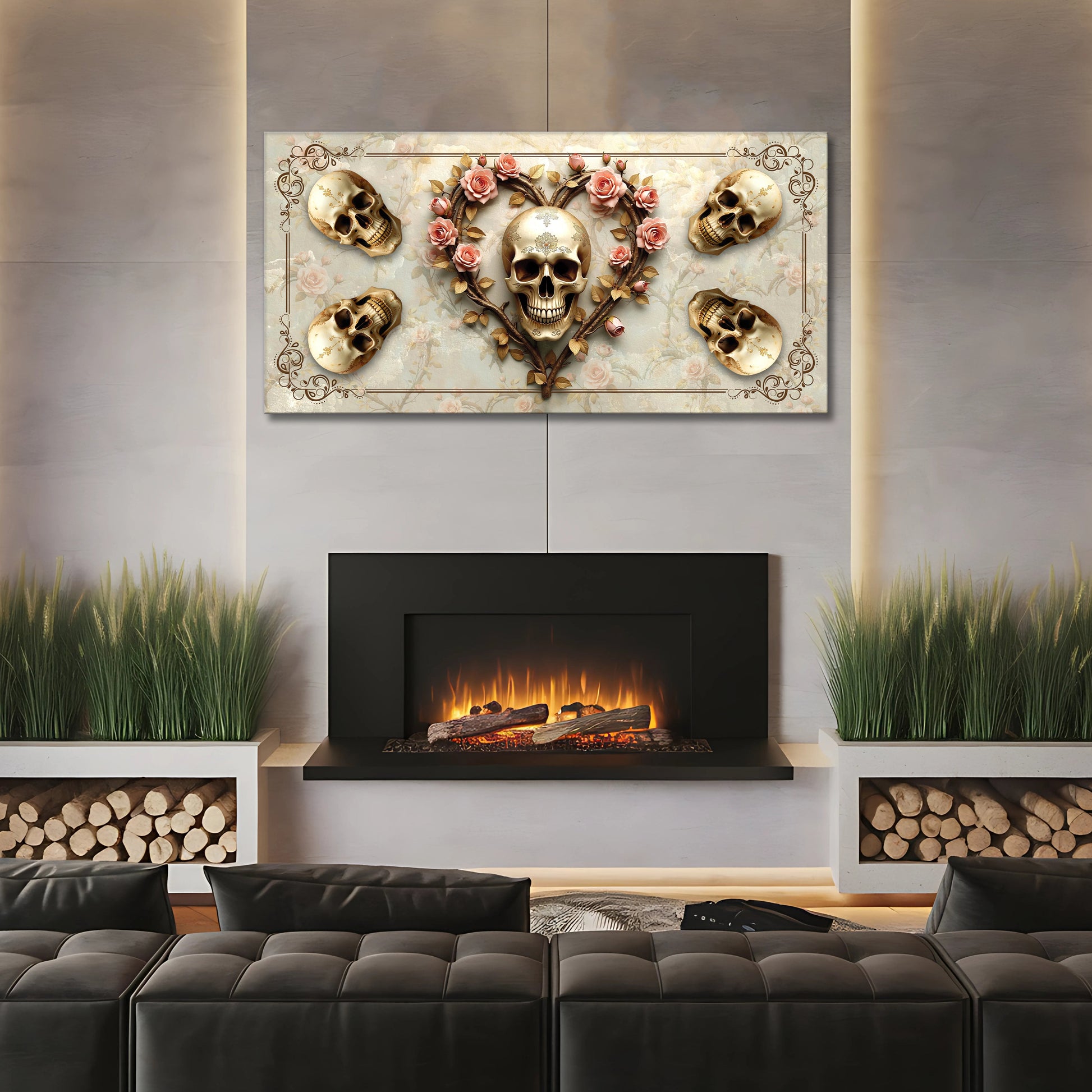 3D Skull Wall Art canvas with central gold skull pink roses and side skulls Tailored Canvases on Tampa Home & Garden Store