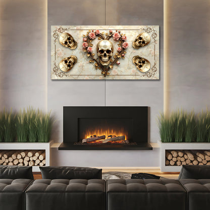 3D Skull Wall Art canvas with central gold skull pink roses and side skulls Tailored Canvases on Tampa Home & Garden Store
