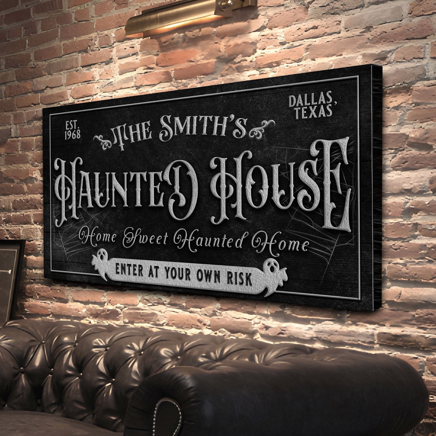 Personalized Haunted House Sign II canvas by Tailored Canvases with black chalkboard finish on Tampa Home & Garden Store