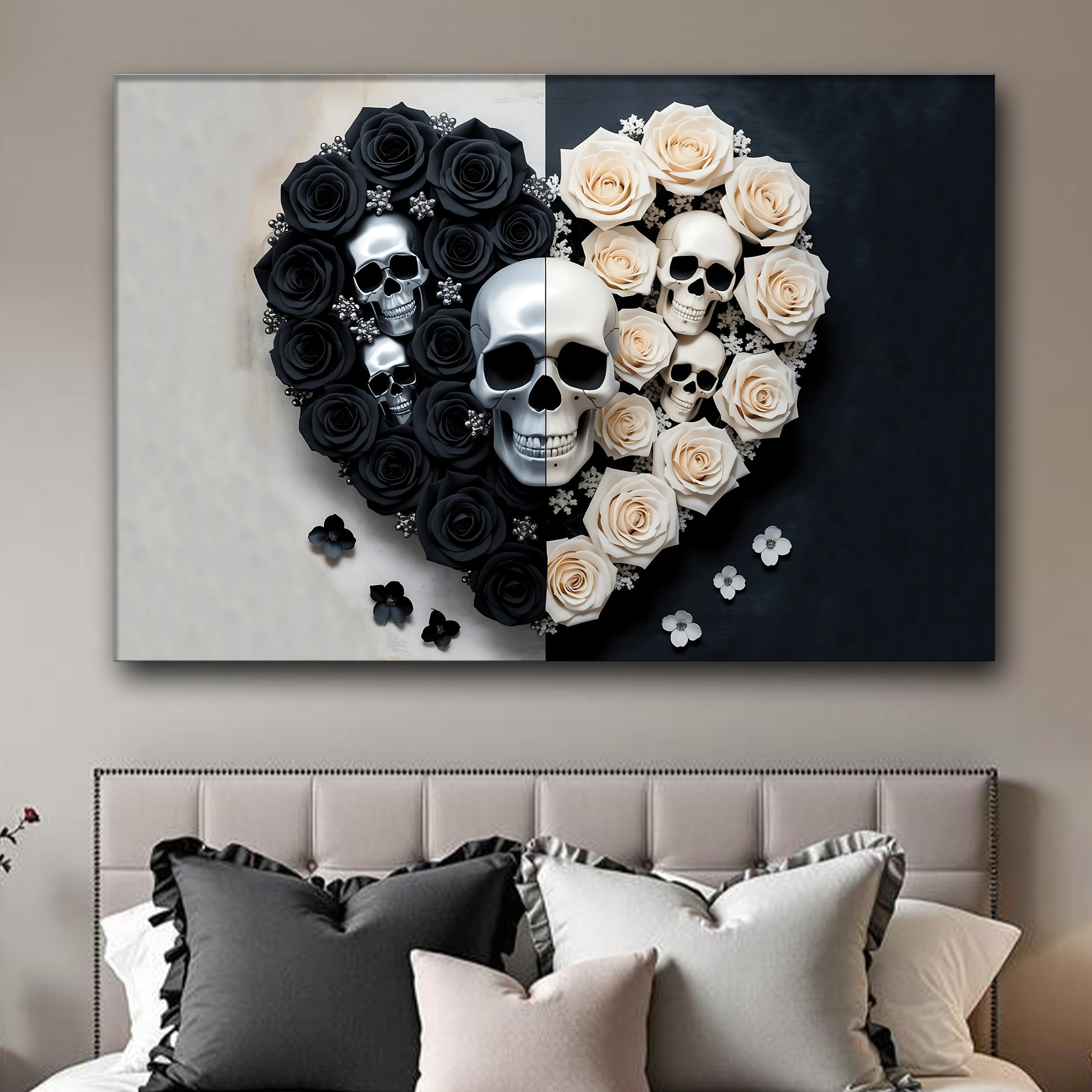 Skull and Flowers Wall Art XIII canvas by Tailored Canvases, black and ivory rose skull collage on Tampa Home & Garden Store
