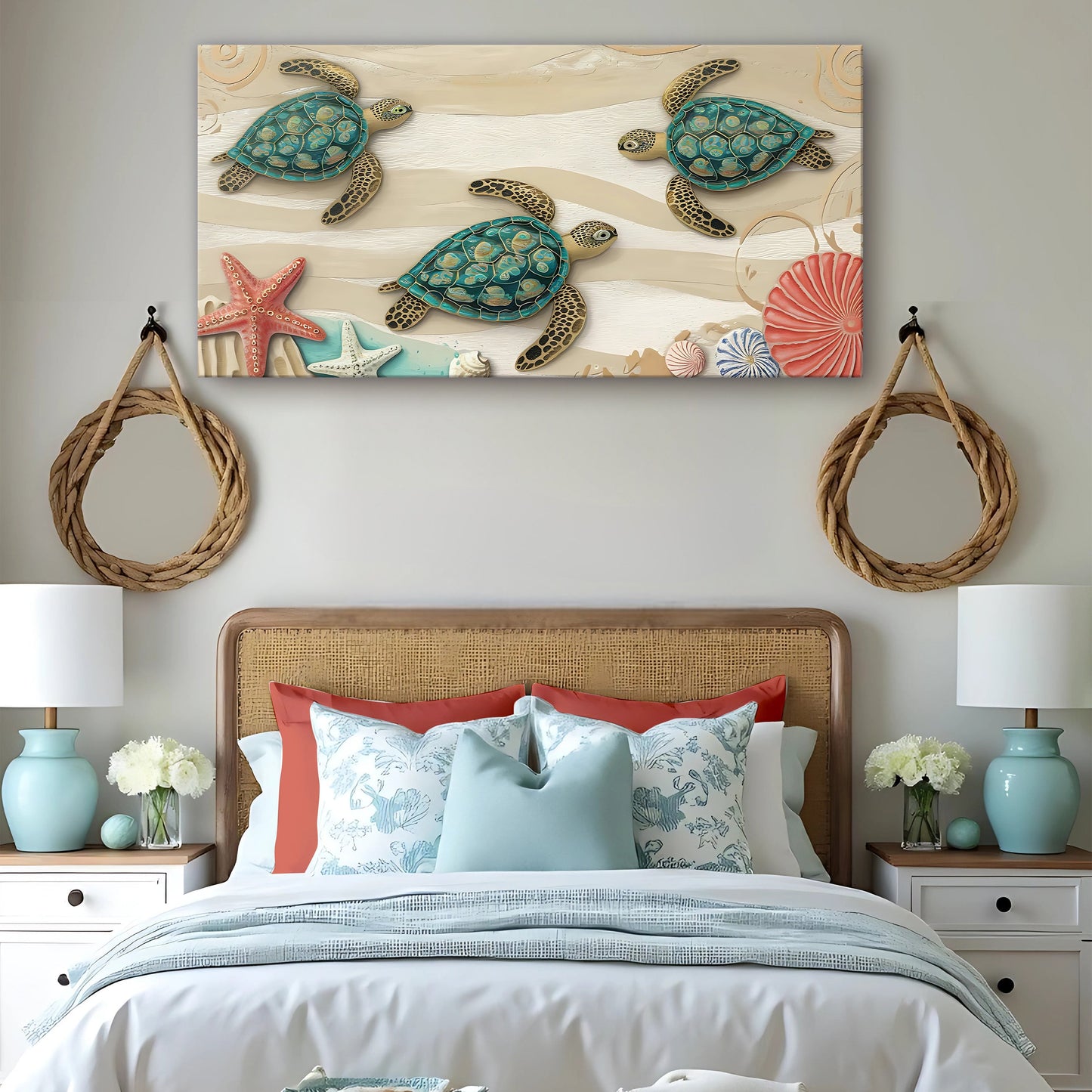 3D Coastal Wall Art VII canvas by Tailored Canvases with turquoise sea turtles and shells on Tampa Home & Garden Store