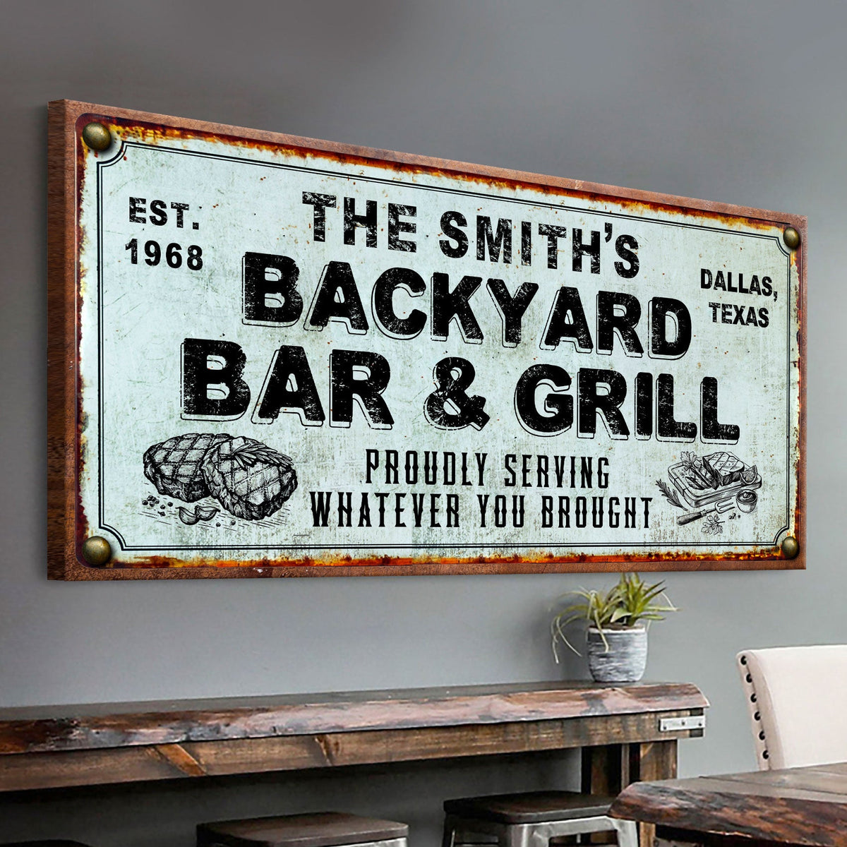 Backyard Bar & Grill Sign XXIV canvas by Tailored Canvases, distressed blue with wood frame on Tampa Home & Garden Store