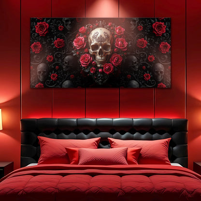 3D Rose and Skull Wall Art III canvas by Tailored Canvases with ornate central skull and red roses on dark background on Tampa Home & Garden Store