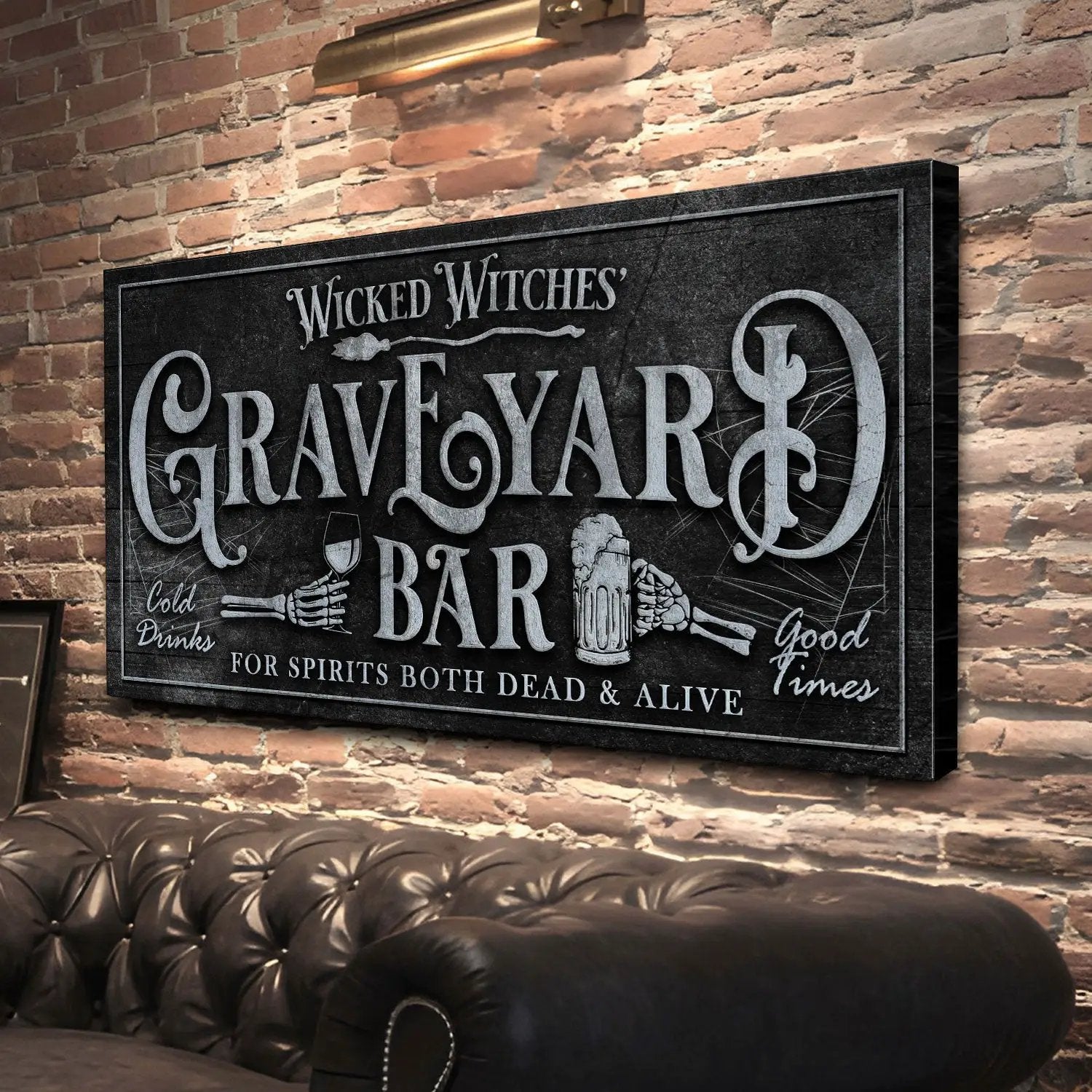 Wicked Witches' Graveyard Bar canvas sign by Tailored Canvases with skeleton hands and mug on Tampa Home & Garden Store