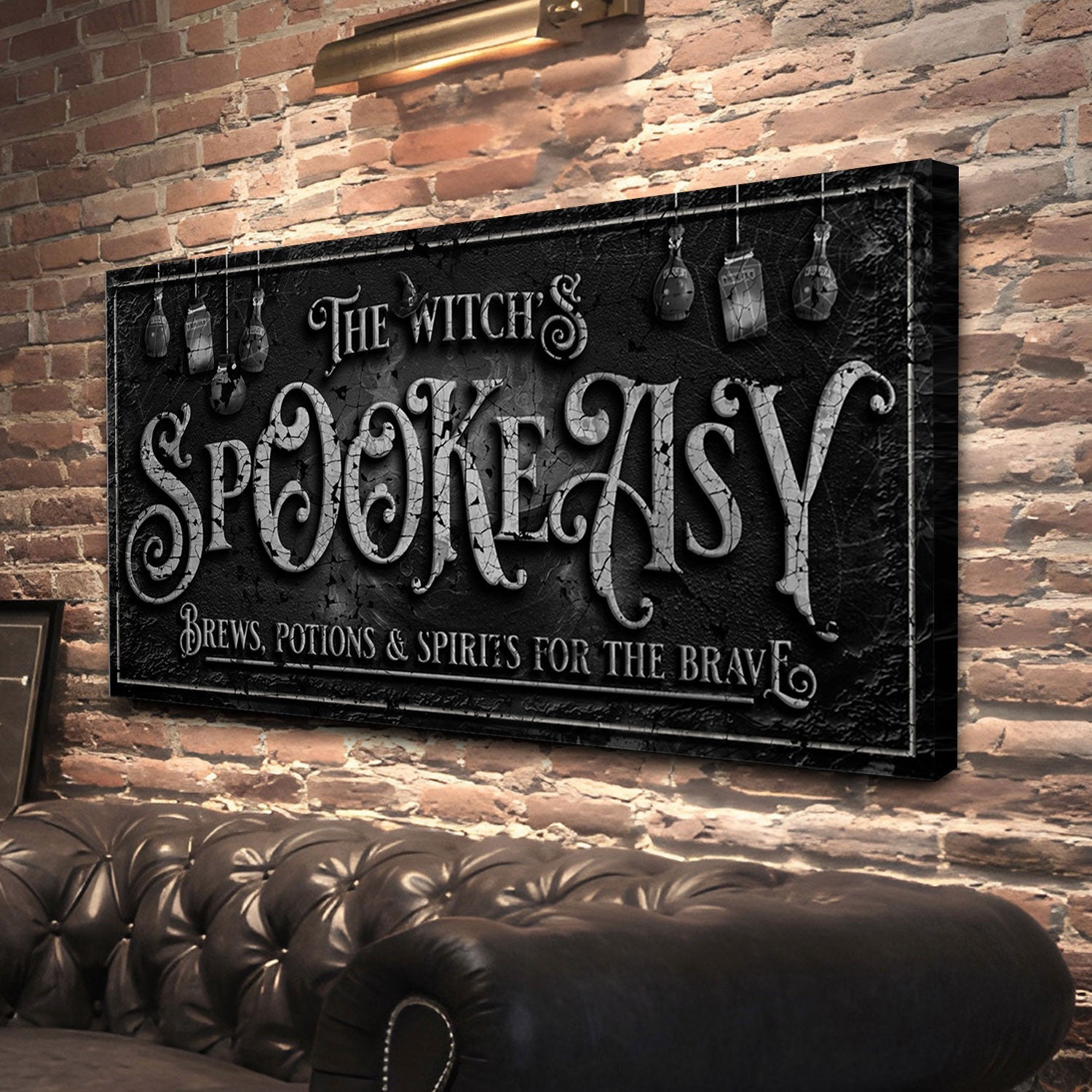 Canvas sign The Witch's Speakeasy by Tailored Canvases, black textured backdrop with typography on Tampa Home & Garden Store