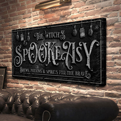 Canvas sign The Witch's Speakeasy by Tailored Canvases, black textured backdrop with typography on Tampa Home & Garden Store