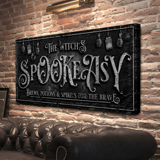 Canvas sign The Witch's Speakeasy by Tailored Canvases, black textured backdrop with typography on Tampa Home & Garden Store