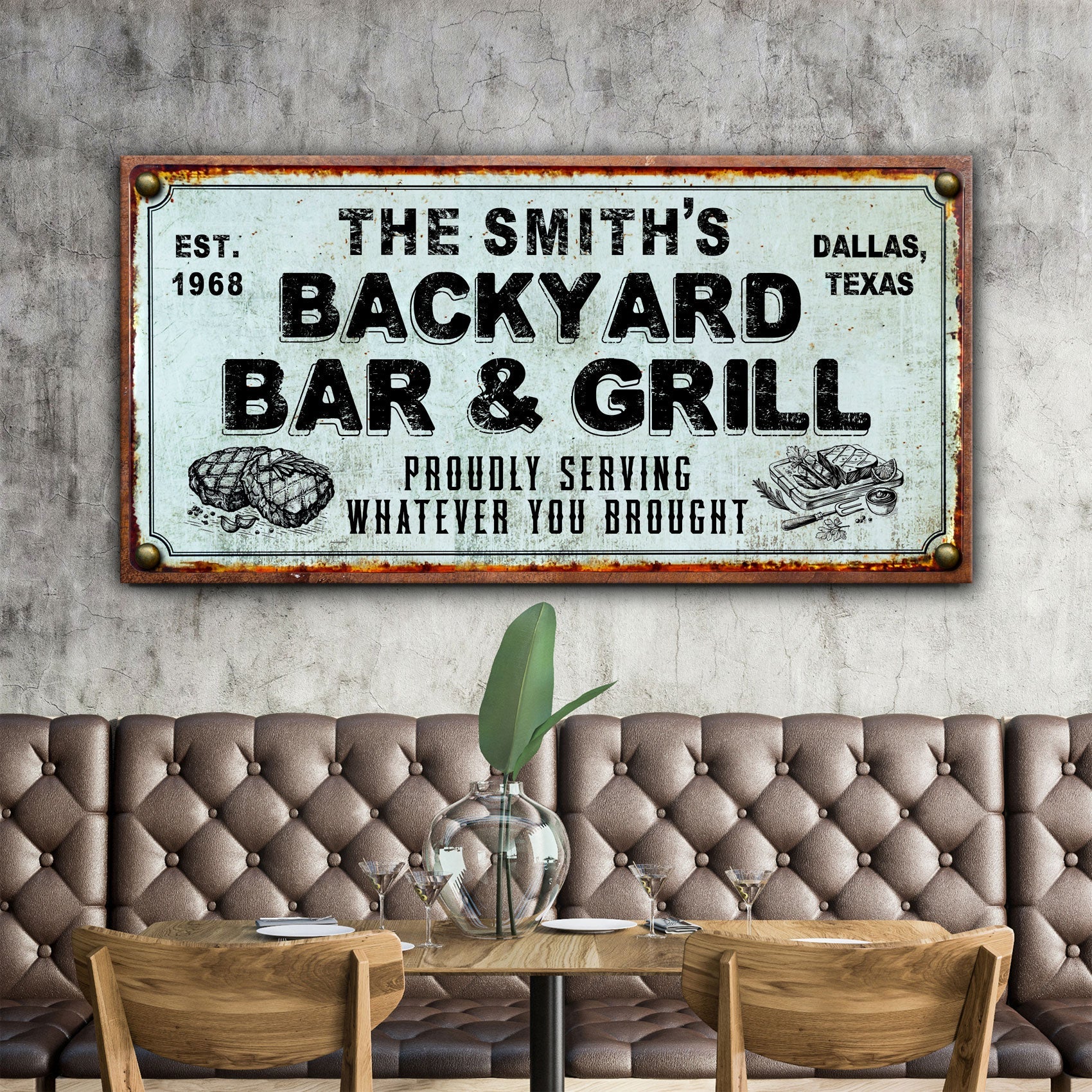 Backyard Bar & Grill sign canvas print with lettering and rust border on wall on Tampa Home & Garden Store