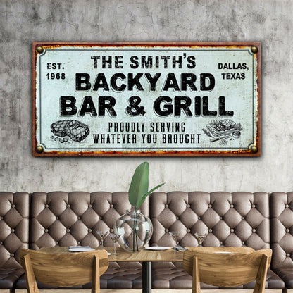 Backyard Bar & Grill sign canvas print with lettering and rust border on wall on Tampa Home & Garden Store