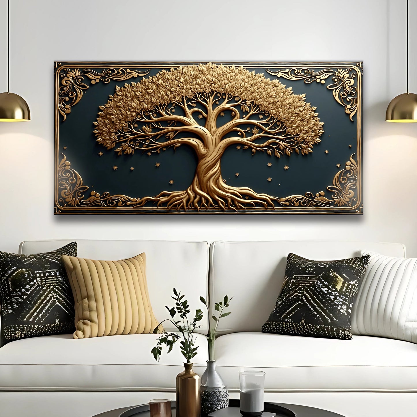 3D Celtic Tree Of Life Wall Art II canvas by Tailored Canvases gold tree on navy backdrop frame on Tampa Home & Garden Store