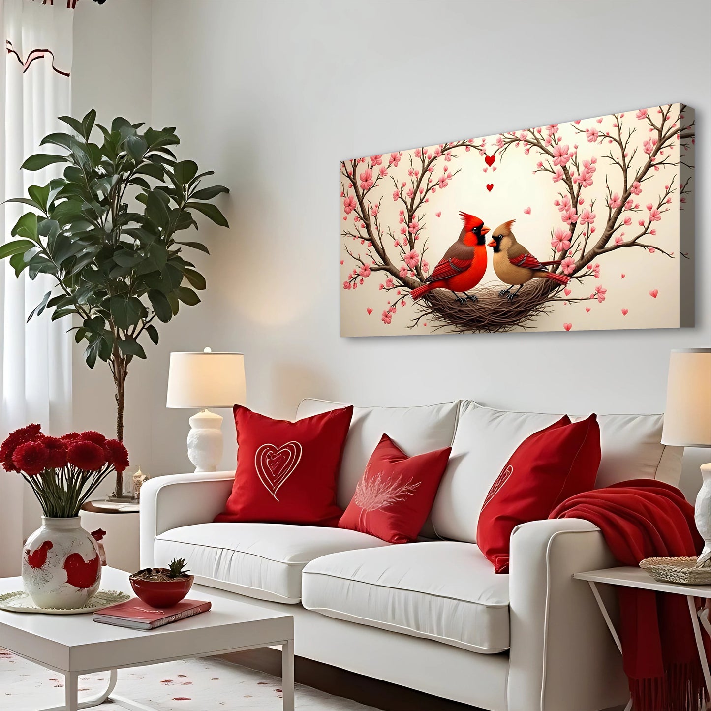 3D Cardinals Wall Art II canvas with two red cardinals in a nest among pink blossoms on Tampa Home & Garden Store