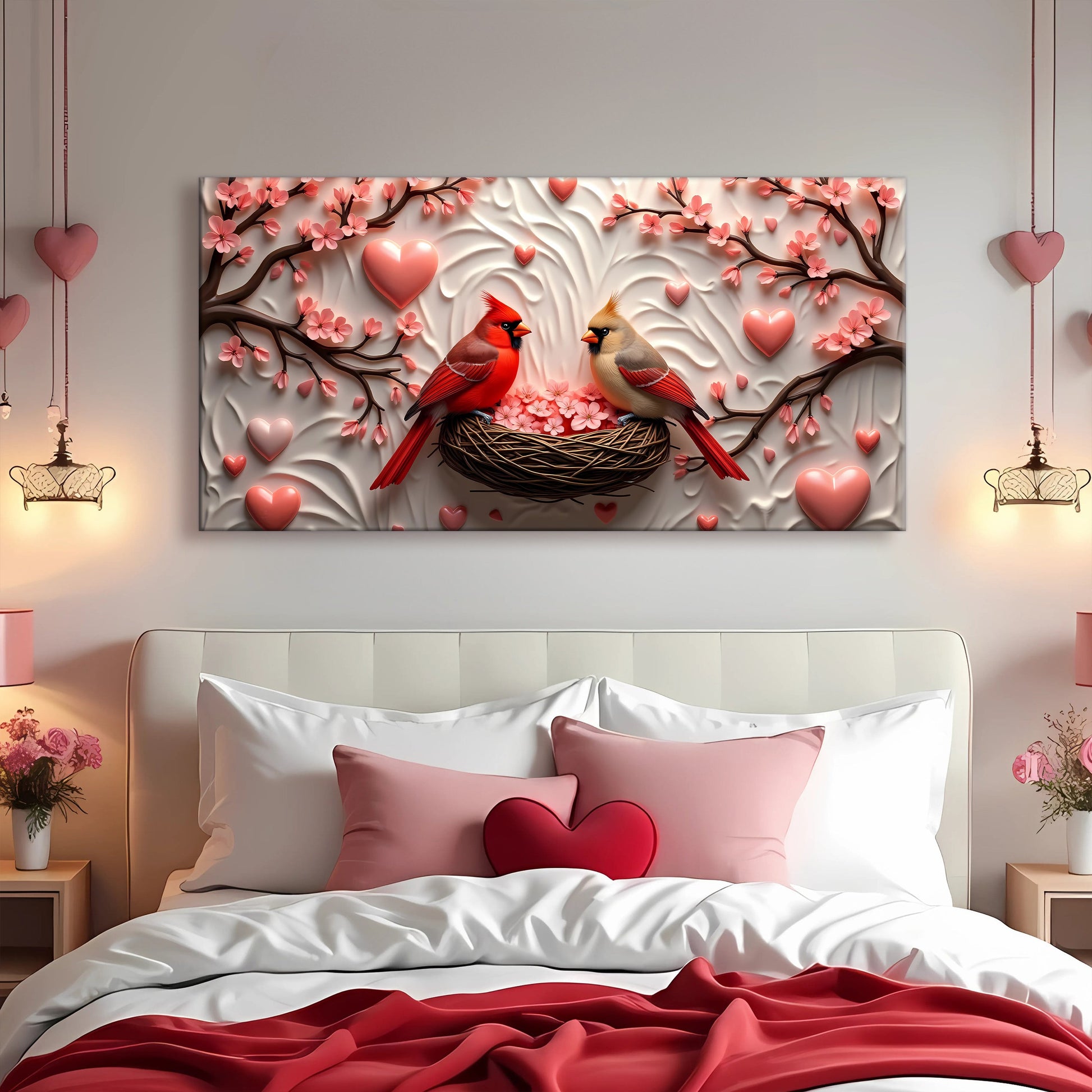 3D Cardinals Wall Art IV canvas by Tailored Canvases with red cardinals among pink blossoms on Tampa Home & Garden Store