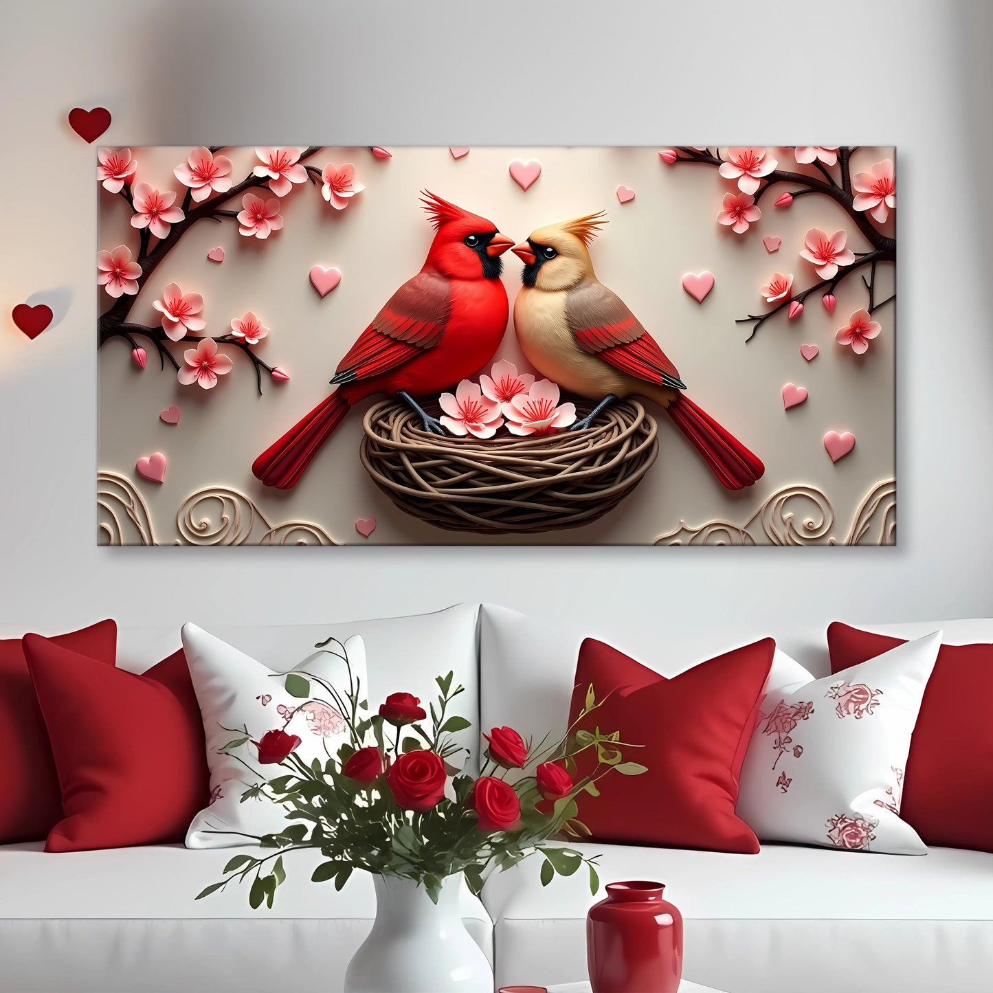 3D Cardinals Wall Art VI canvas by Tailored Canvases shows cardinals on a nest among blossoms on Tampa Home & Garden Store