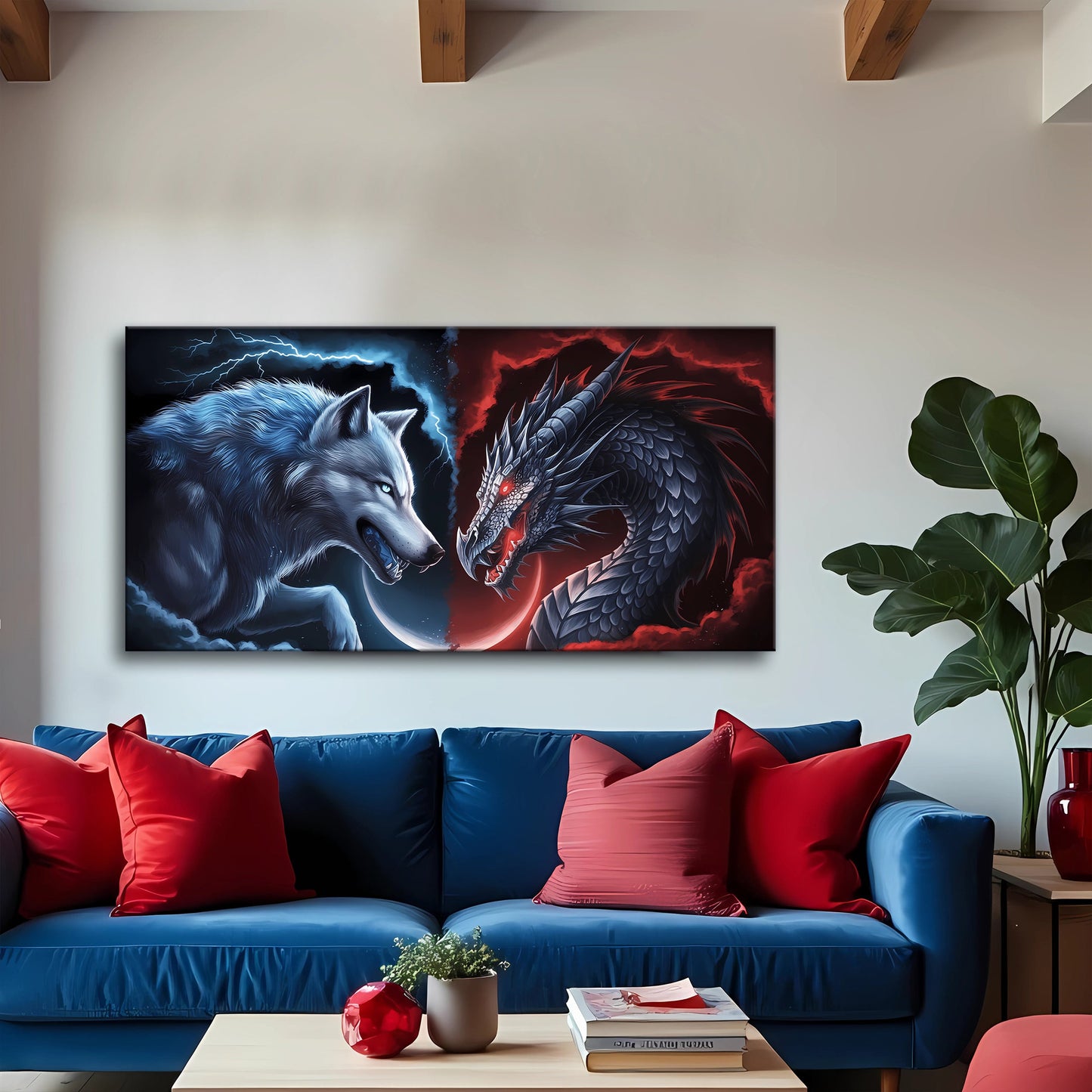 3D Dragon and Wolf Wall Art Canvas by Tailored Canvases blue wolf vs red dragon clash on Tampa Home & Garden Store