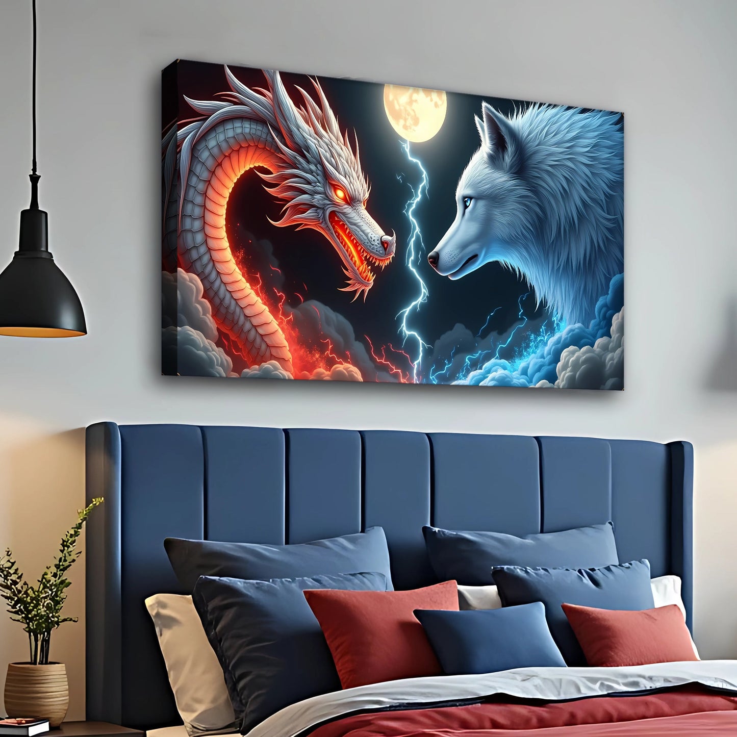 3D Dragon and Wolf Wall Art III canvas by Tailored Canvases; fiery dragon left, blue wolf right on Tampa Home & Garden Store