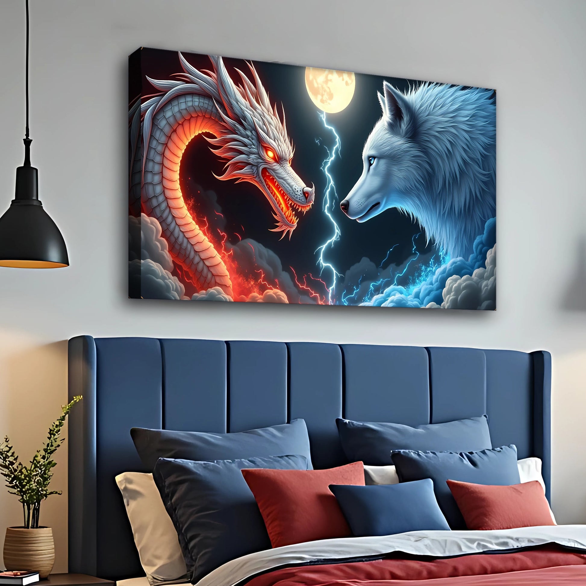 3D Dragon and Wolf Wall Art III canvas by Tailored Canvases; fiery dragon left, blue wolf right on Tampa Home & Garden Store