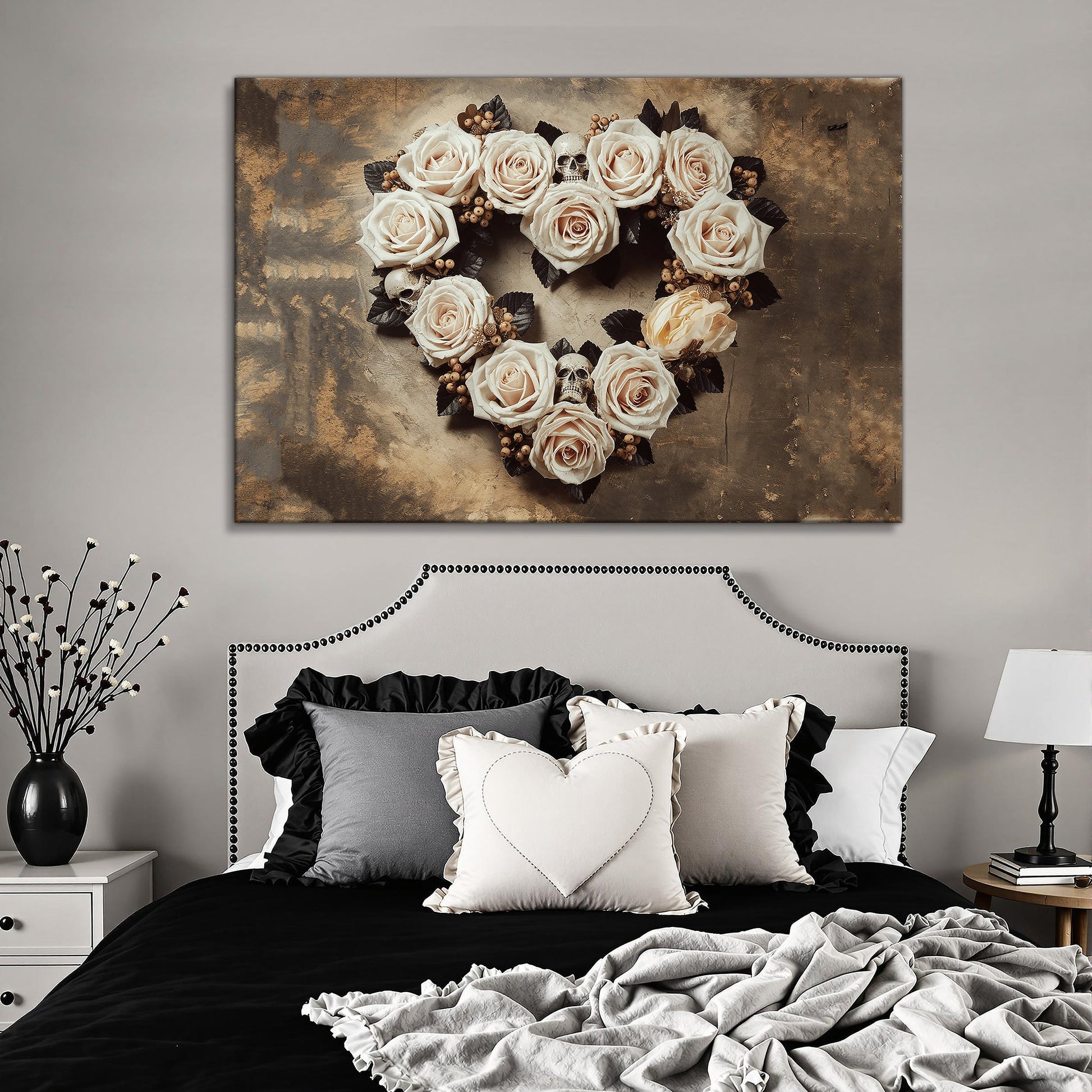 Skull and Flowers Wall Art V canvas by Tailored Canvases; ivory roses with skull accents on Tampa Home & Garden Store