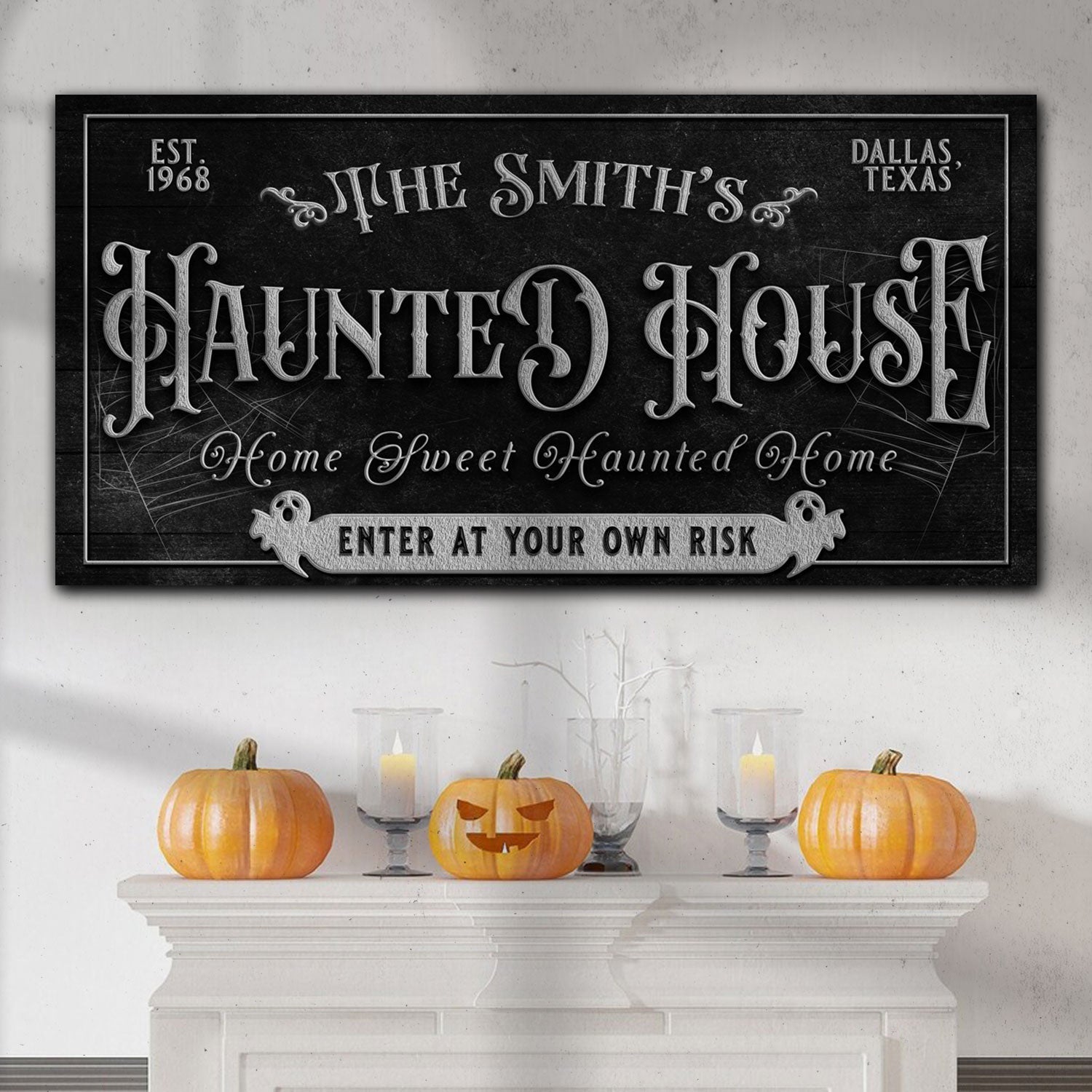 Personalized Haunted House Sign II canvas by Tailored Canvases with black chalkboard plaque and silver lettering on Tampa Home & Garden Store