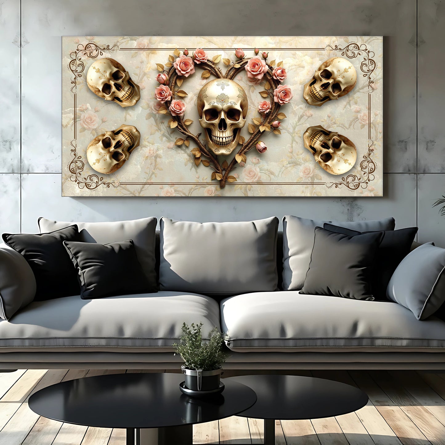 3D Vintage Skull Canvas Wall Art with pink roses and decorative border Tailored Canvases on Tampa Home & Garden Store