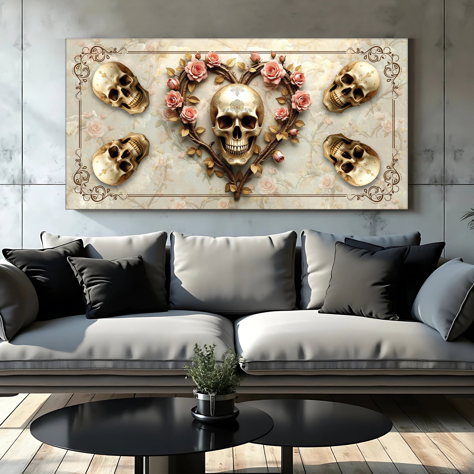 3D Vintage Skull Canvas Wall Art with pink roses and decorative border Tailored Canvases on Tampa Home & Garden Store