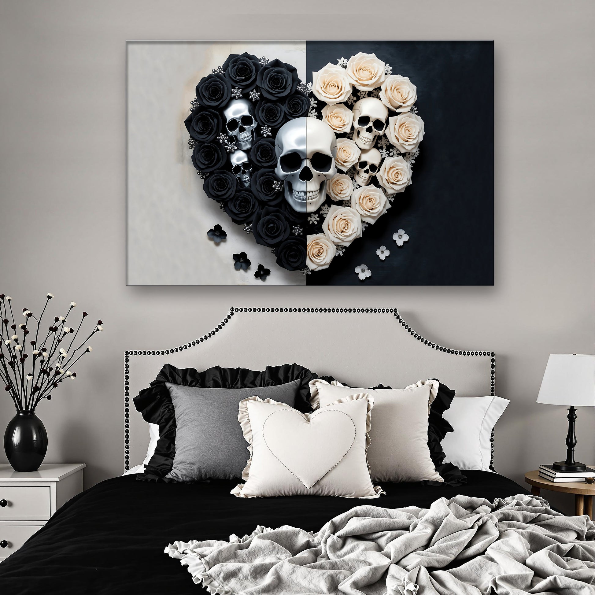 Skull and Flowers Wall Art XIII canvas with black and ivory roses skulls Tailored Canvases on Tampa Home & Garden Store
