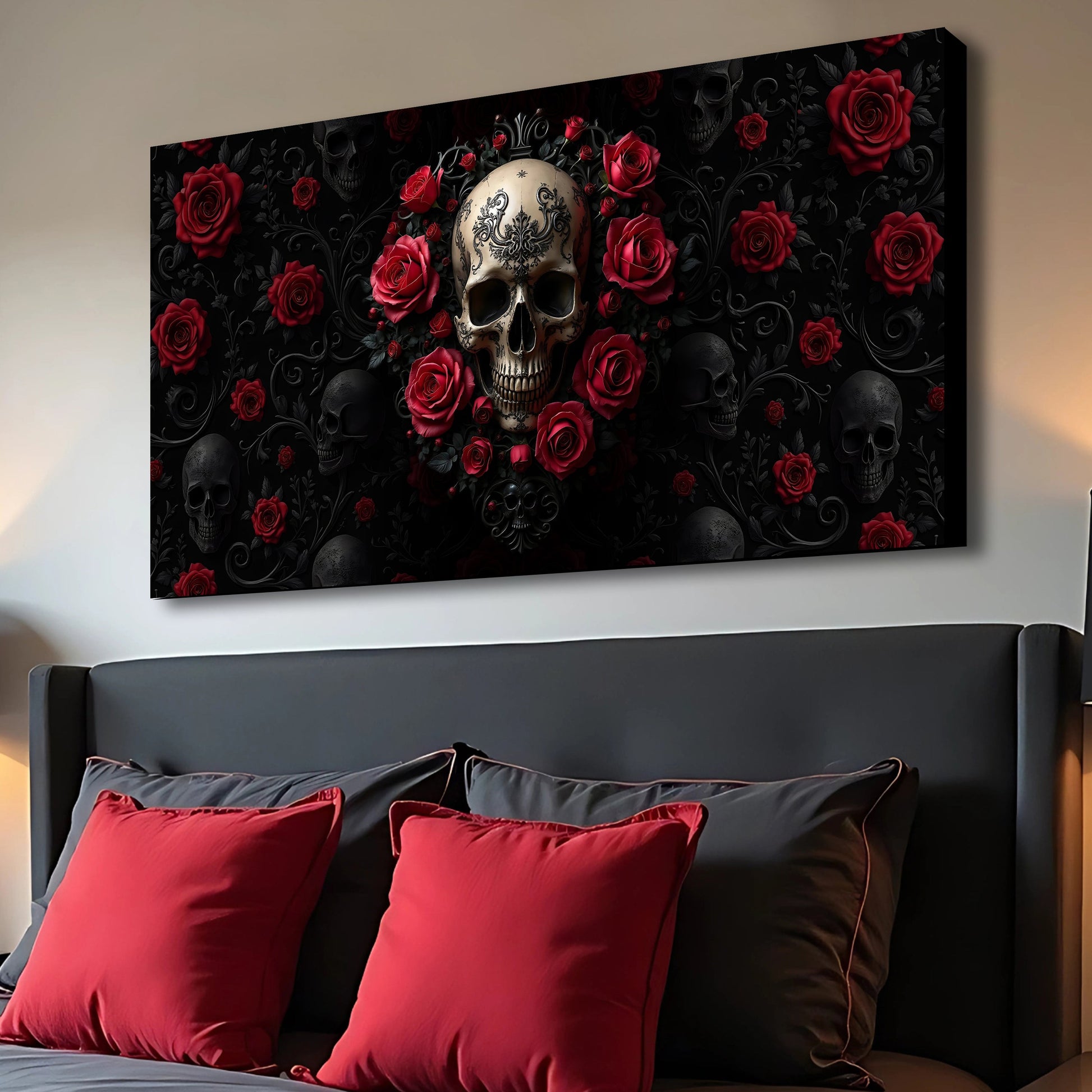 Canvas wall art 3D Rose and Skull III by Tailored Canvases black background with red roses on Tampa Home & Garden Store