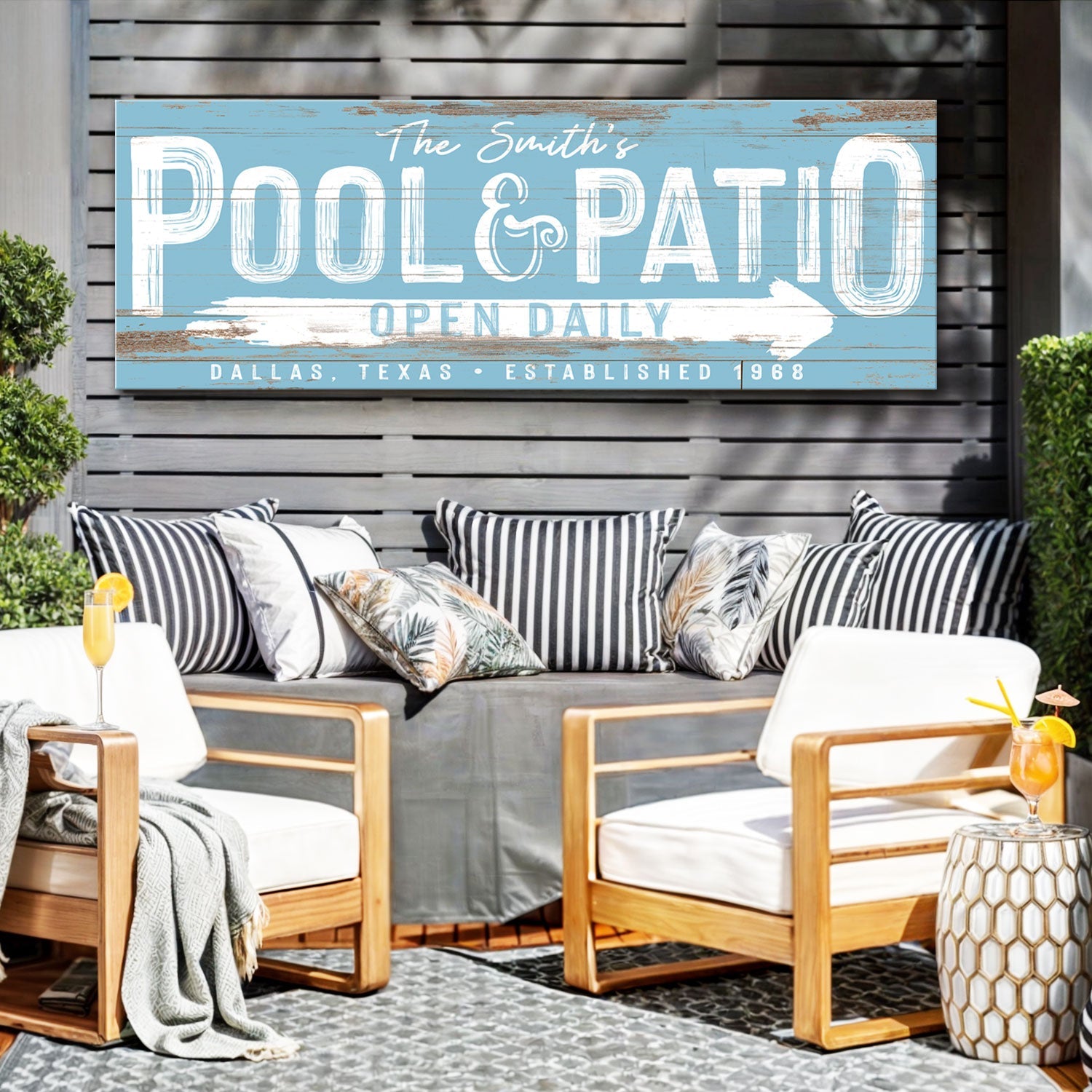 Canvas Personalized Pool And Patio Sign V by Tailored Canvases in blue distressed wood on Tampa Home & Garden Store
