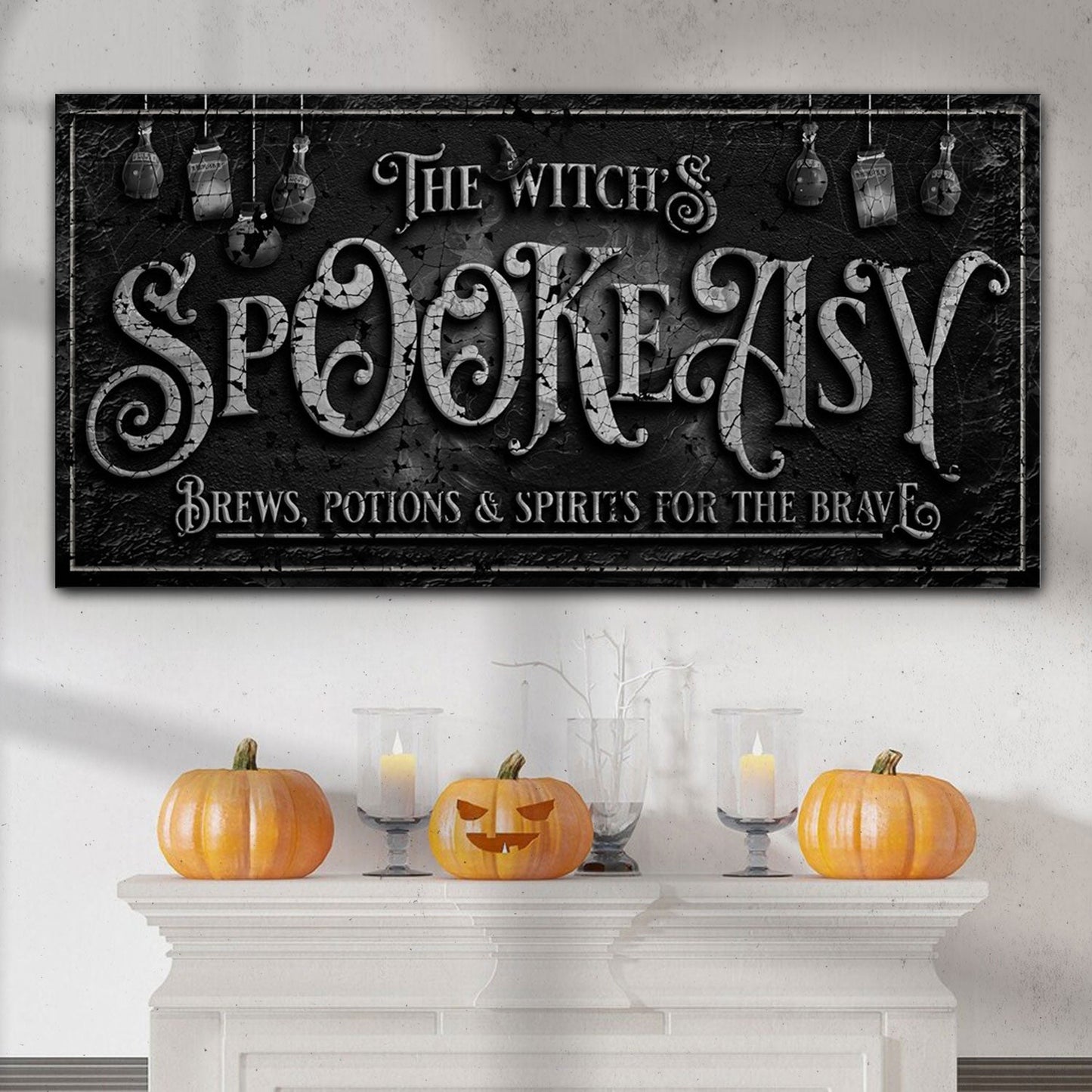 The Witch's Speakeasy Halloween Sign canvas by Tailored Canvases, distressed black canvas on Tampa Home & Garden Store