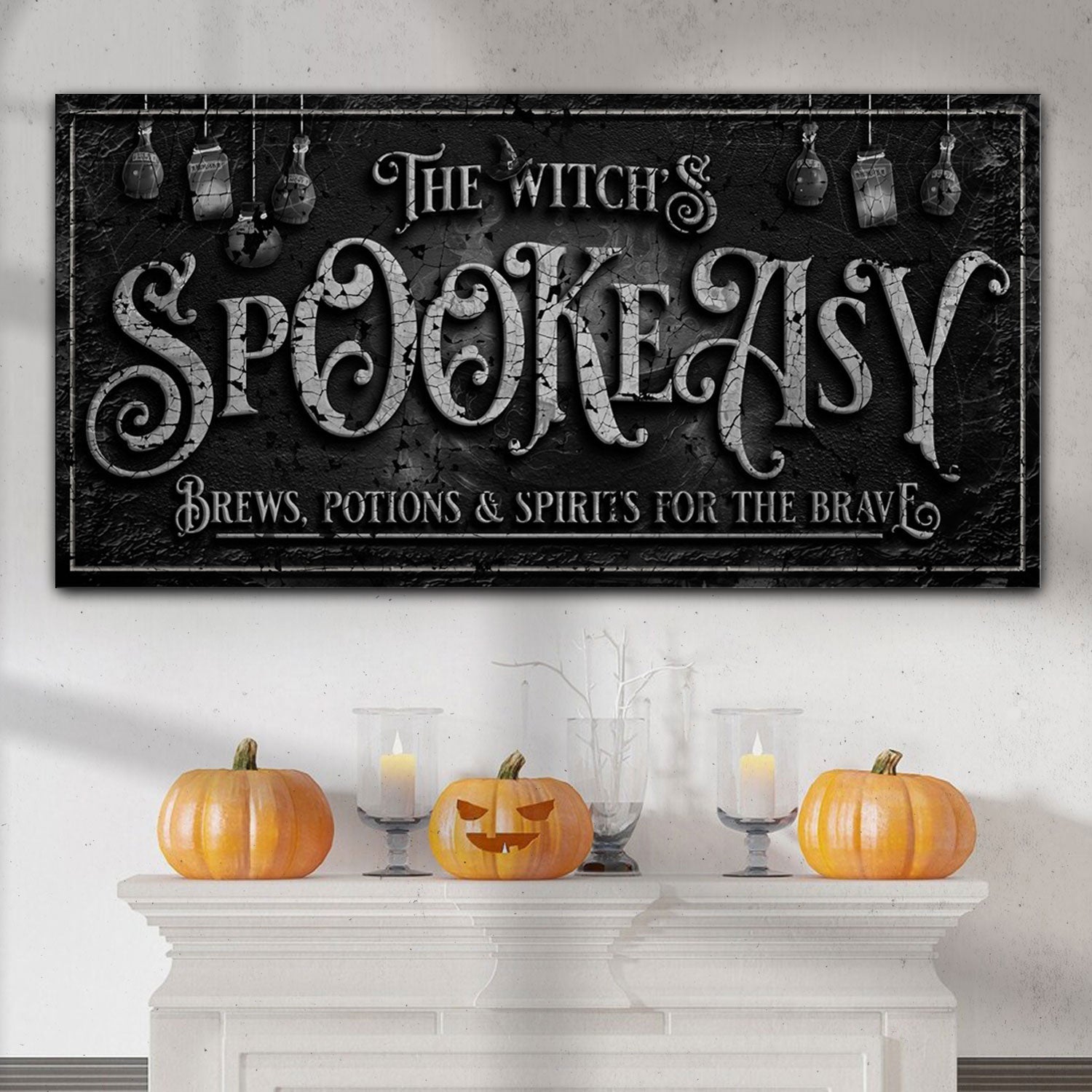 The Witch's Speakeasy Halloween Sign canvas by Tailored Canvases, distressed black canvas on Tampa Home & Garden Store