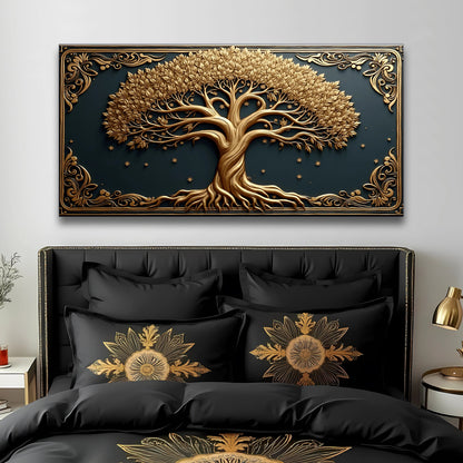3D Celtic Tree Of Life canvas wall art in gold on dark blue background with ornate frame on Tampa Home & Garden Store