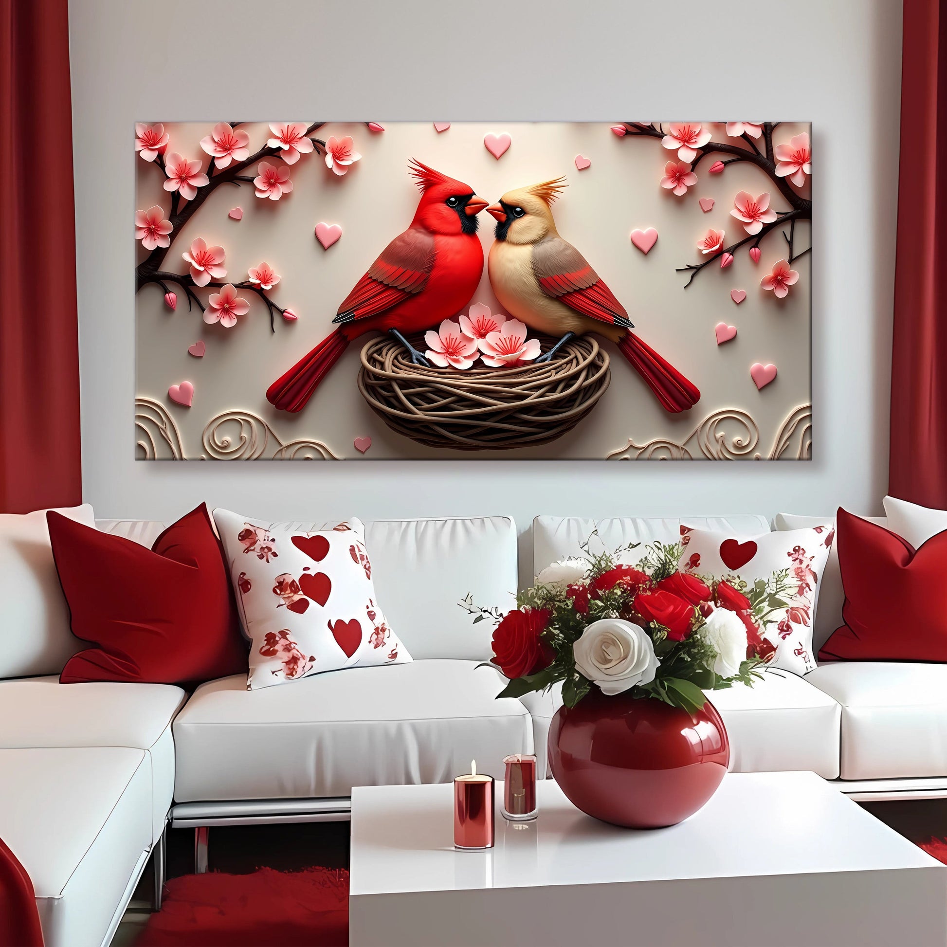 3D Cardinals Wall Art canvas with two red cardinals among blossoms by Tailored Canvases on Tampa Home & Garden Store