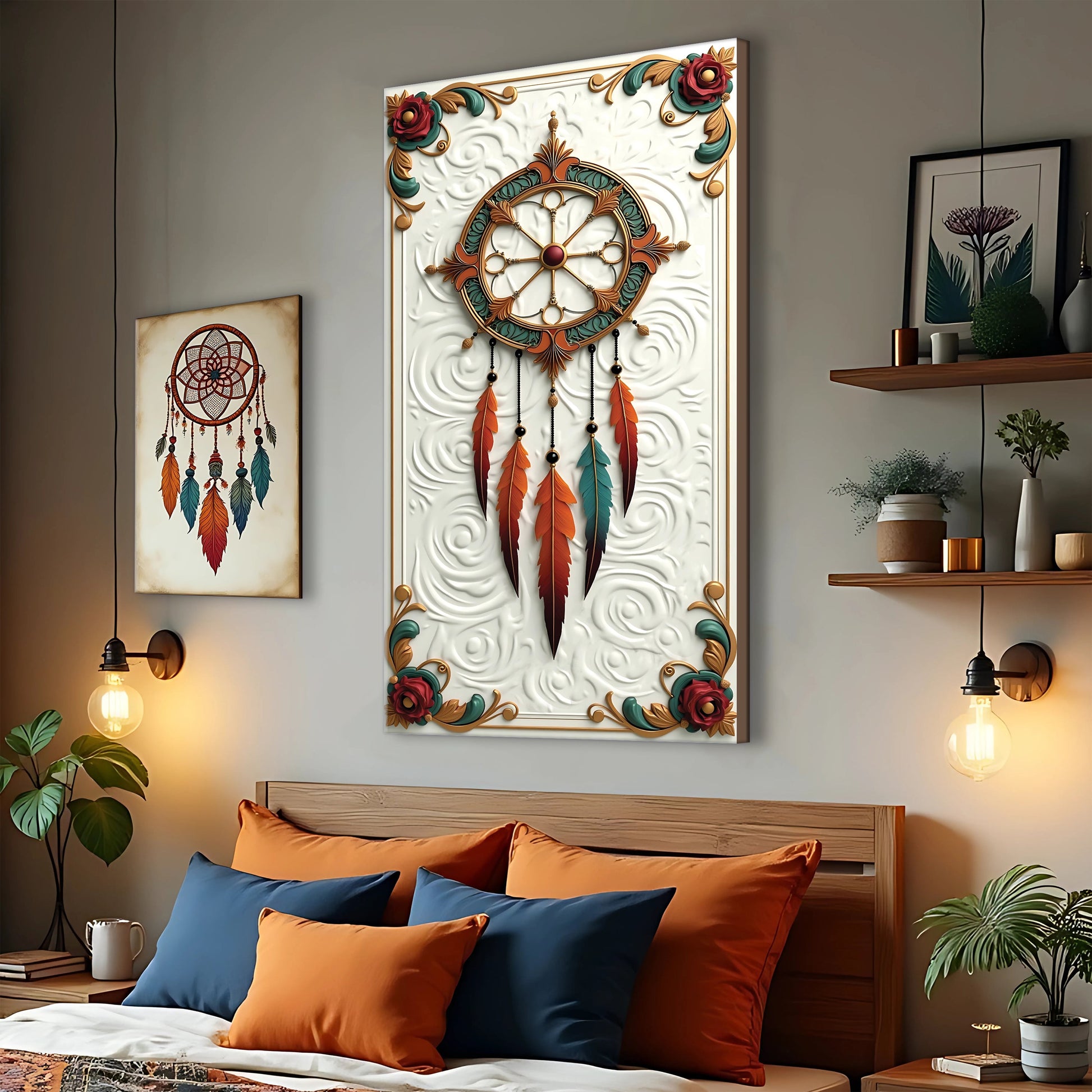 3D Whispering Feathers wall art canvas Tailored Canvases teal orange feathers on white panel on Tampa Home & Garden Store