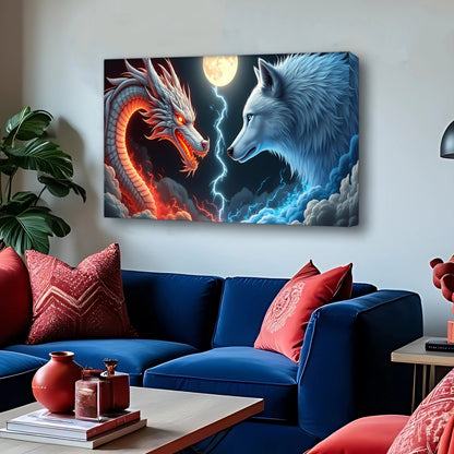 3D Dragon and Wolf Wall Art canvas by Tailored Canvases, red dragon vs icy blue wolf on Tampa Home & Garden Store