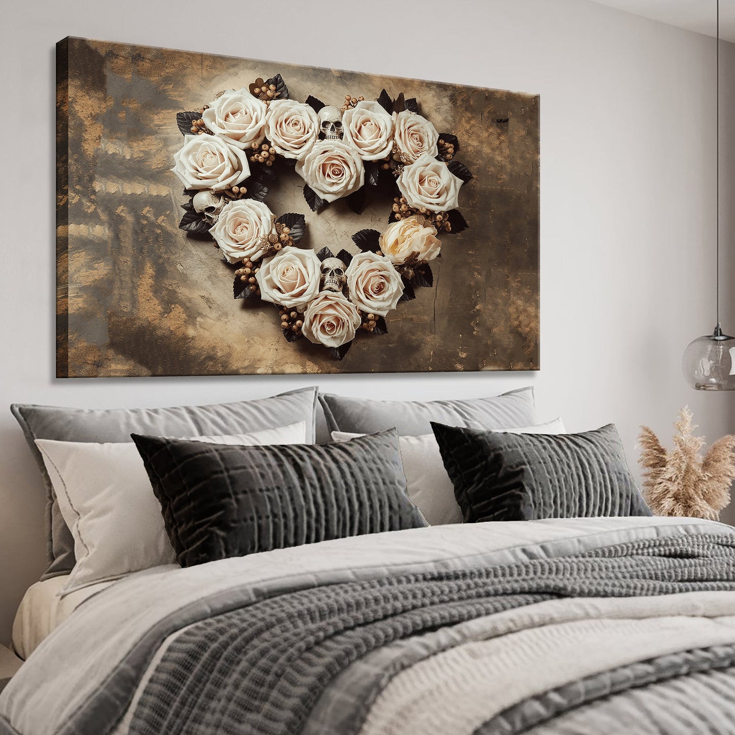 Skull and Flowers Wall Art V canvas with cream roses and skull accents against bronze backdrop on Tampa Home & Garden Store