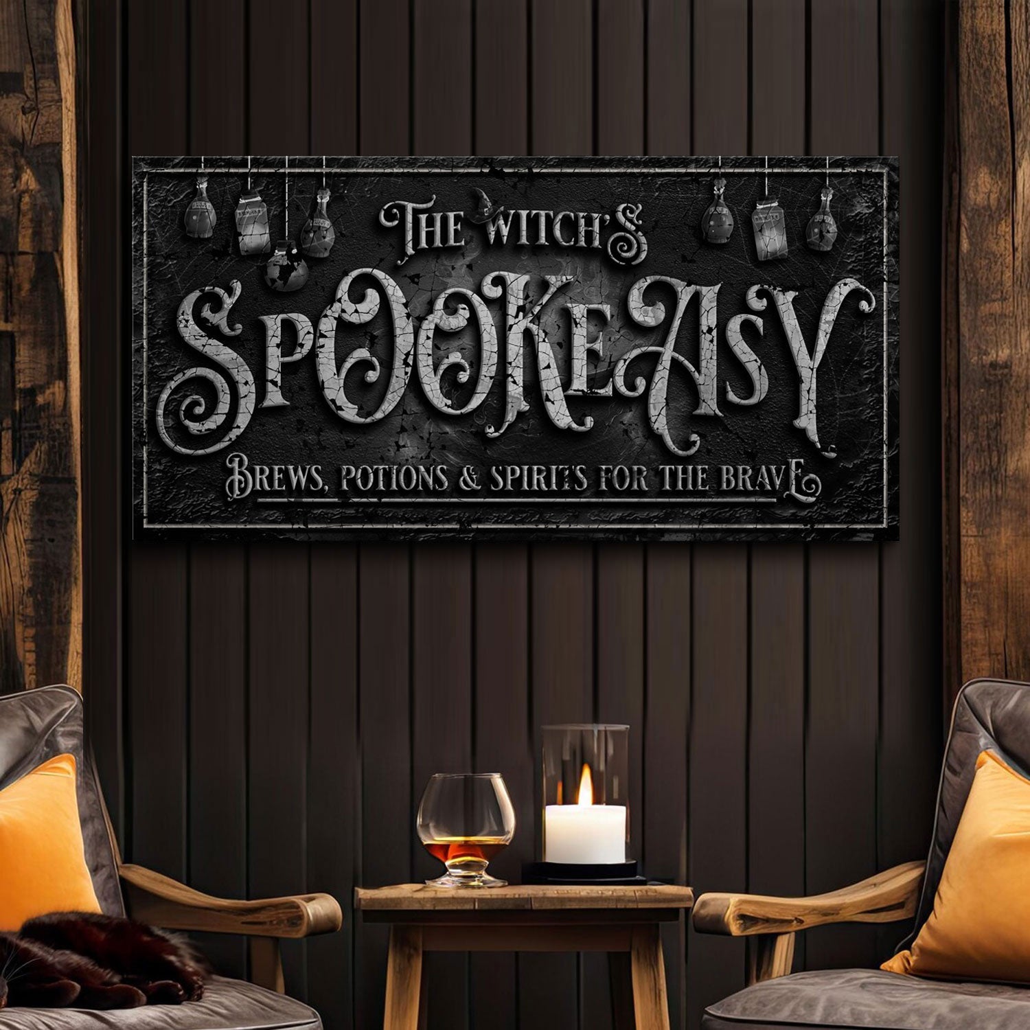 Canvas sign The Witch's Speakeasy with distressed gray lettering Tailored Canvases on Tampa Home & Garden Store
