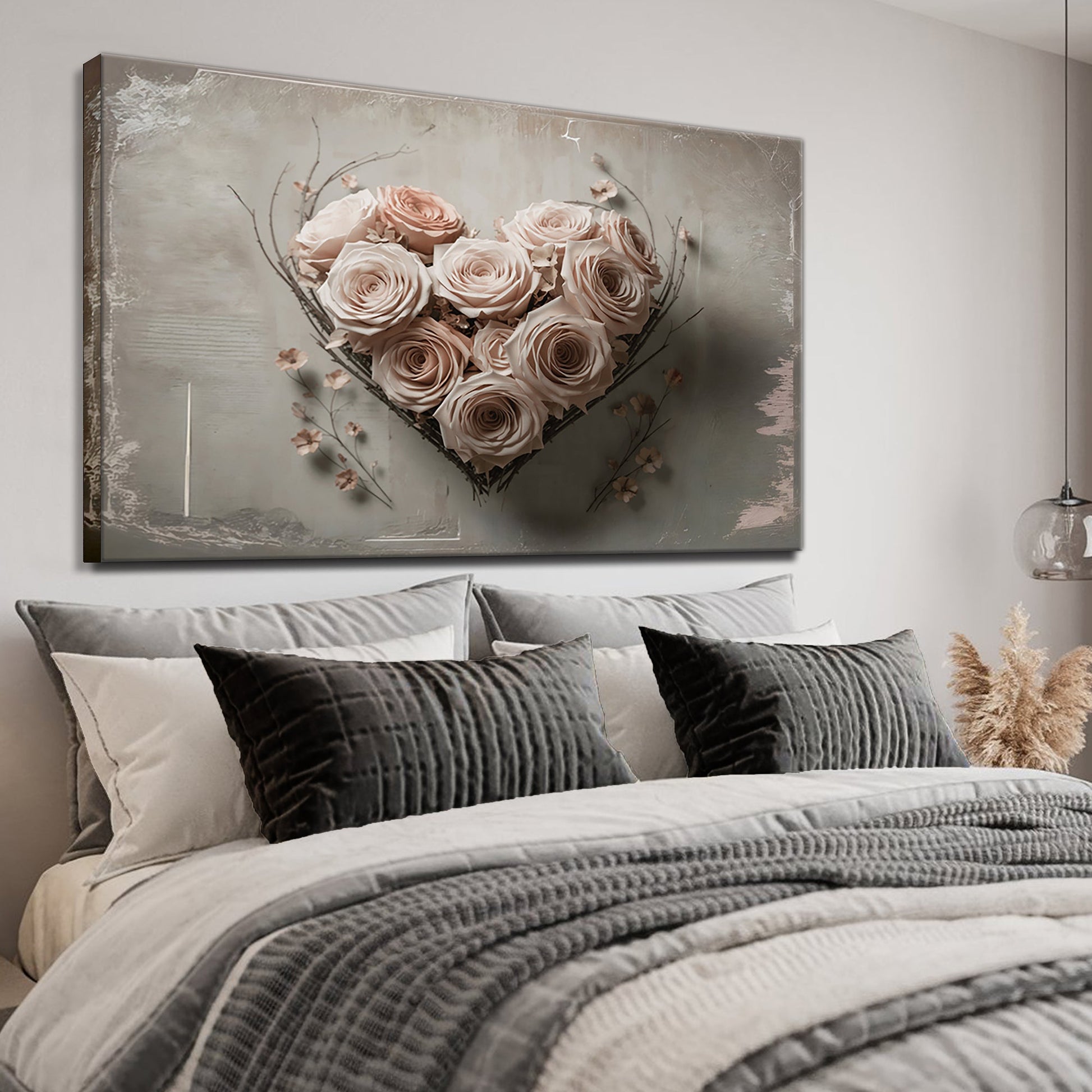 Floral Heart Wall Art Canvas; pale pink roses arranged in a heart with a distressed border on Tampa Home & Garden Store
