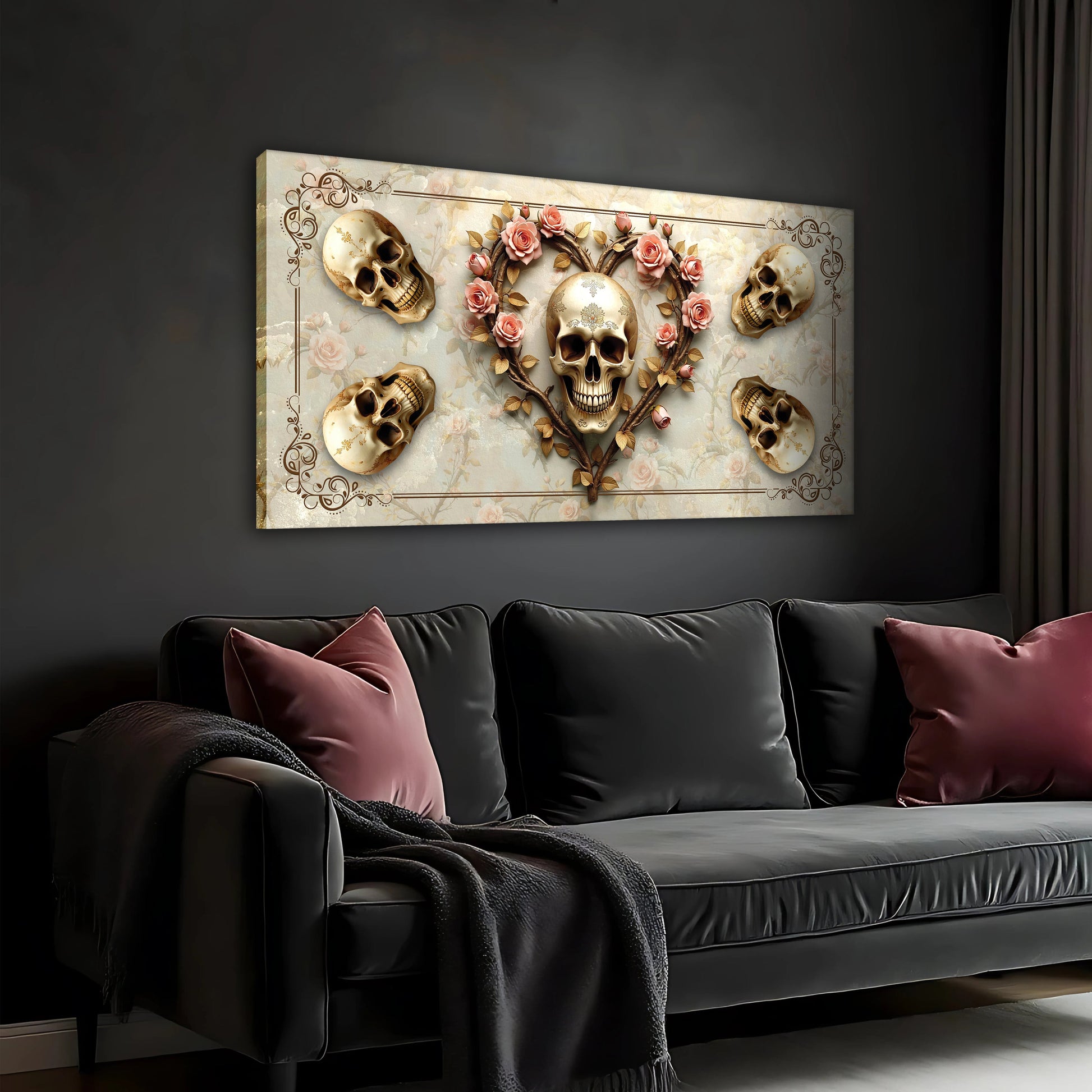 3D Vintage Skull Wall Art canvas by Tailored Canvases with ivory skulls and pink roses on Tampa Home & Garden Store