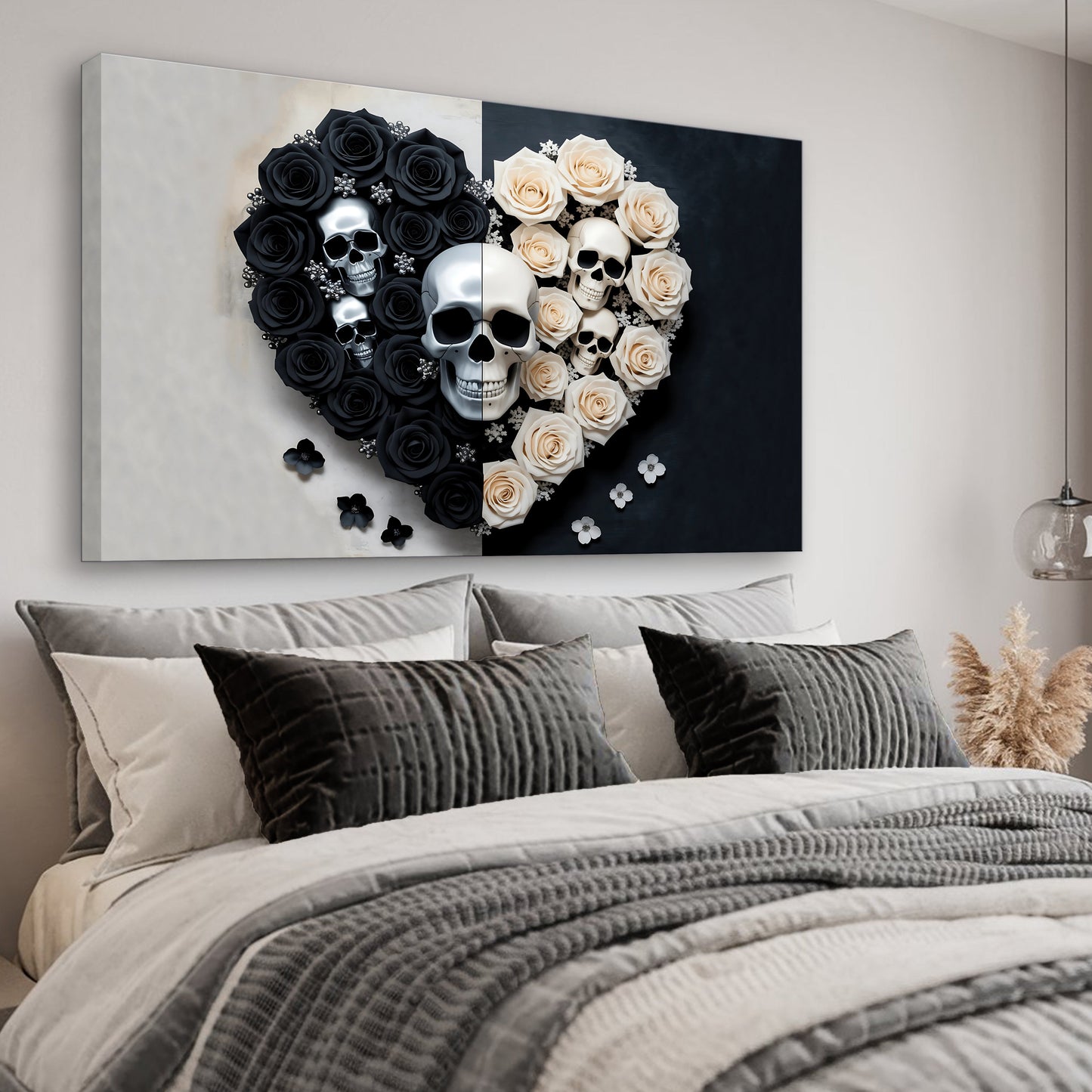 Skull and Flowers Wall Art canvas by Tailored Canvases, black and ivory roses with skulls on Tampa Home & Garden Store