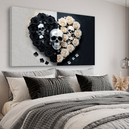 Skull and Flowers Wall Art canvas by Tailored Canvases, black and ivory roses with skulls on Tampa Home & Garden Store