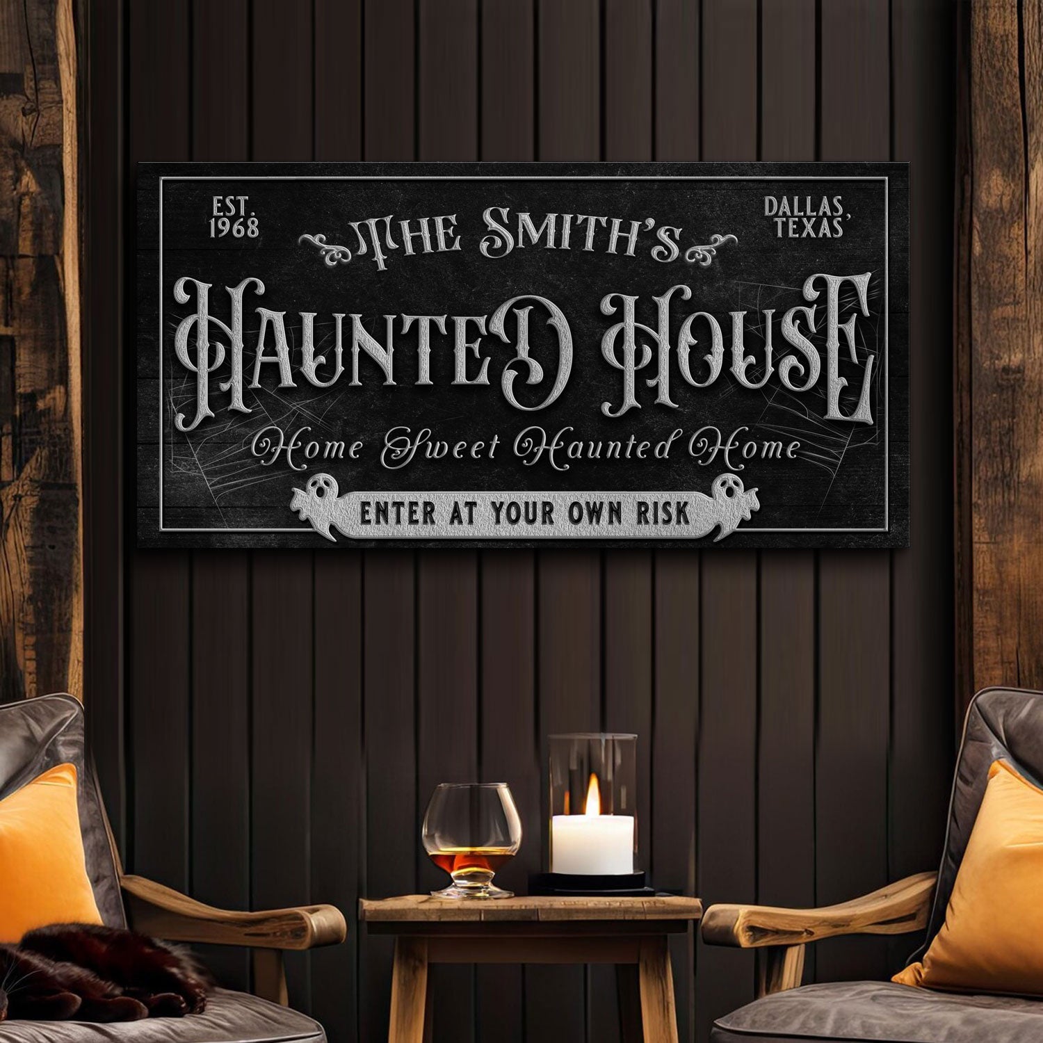 Personalized Haunted House II Canvas by Tailored Canvases, black with silver typography on Tampa Home & Garden Store