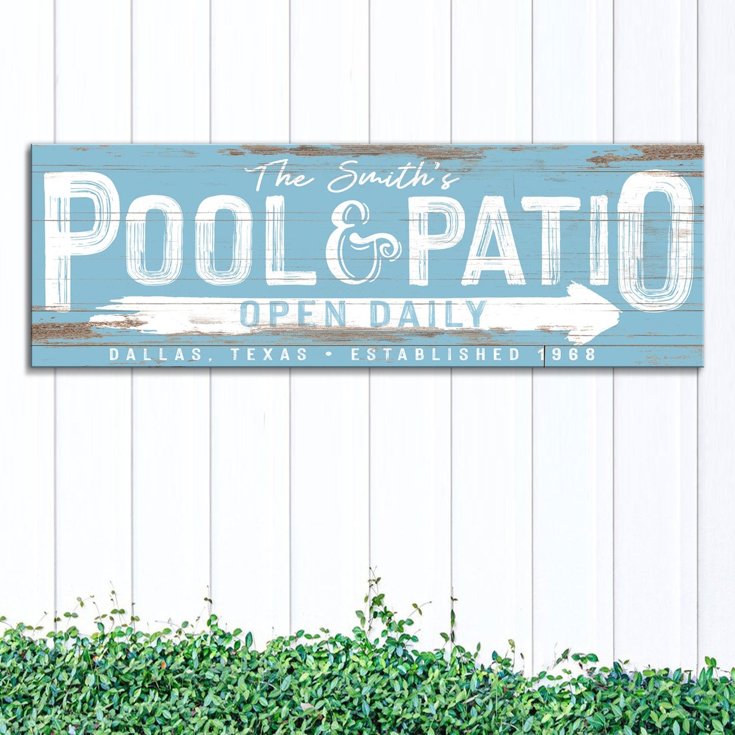 Personalized Pool And Patio Sign canvas with blue wood background and OPEN DAILY on Tampa Home & Garden Store