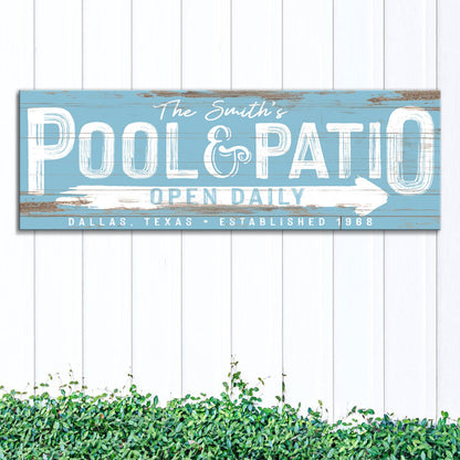 Personalized Pool And Patio Sign canvas with blue wood background and OPEN DAILY on Tampa Home & Garden Store