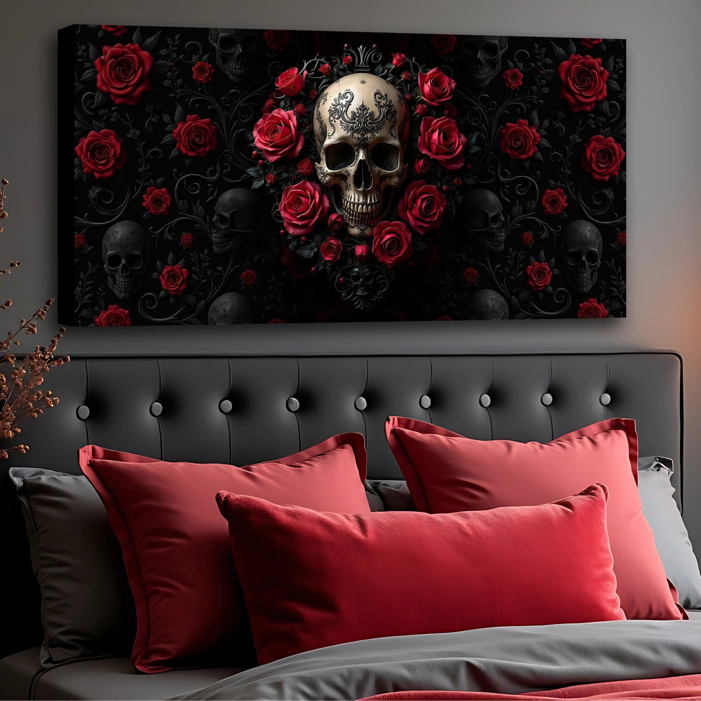 3D Rose and Skull Wall Art III canvas with red roses and ornate skull on black background on Tampa Home & Garden Store