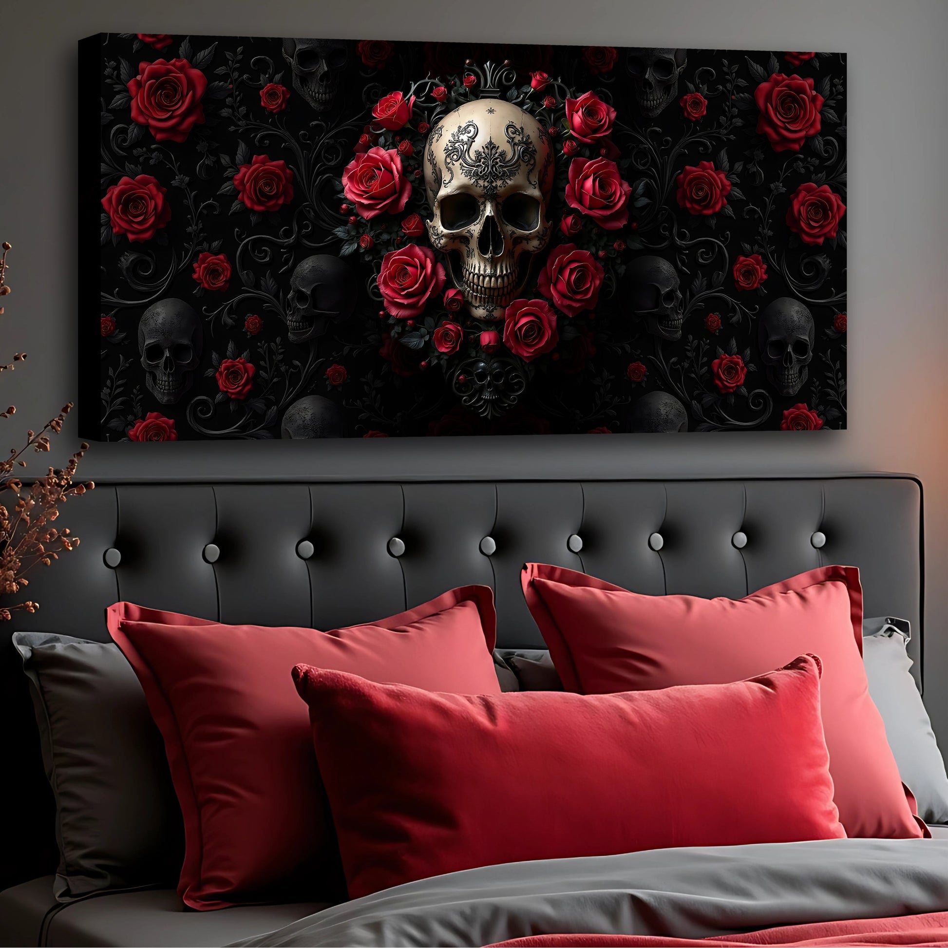 3D Rose and Skull Wall Art III canvas with red roses and ornate skull on black background on Tampa Home & Garden Store