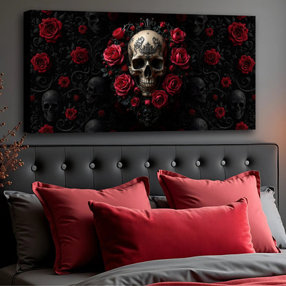 3D Rose and Skull Wall Art III canvas with red roses and ornate skull on black background on Tampa Home & Garden Store